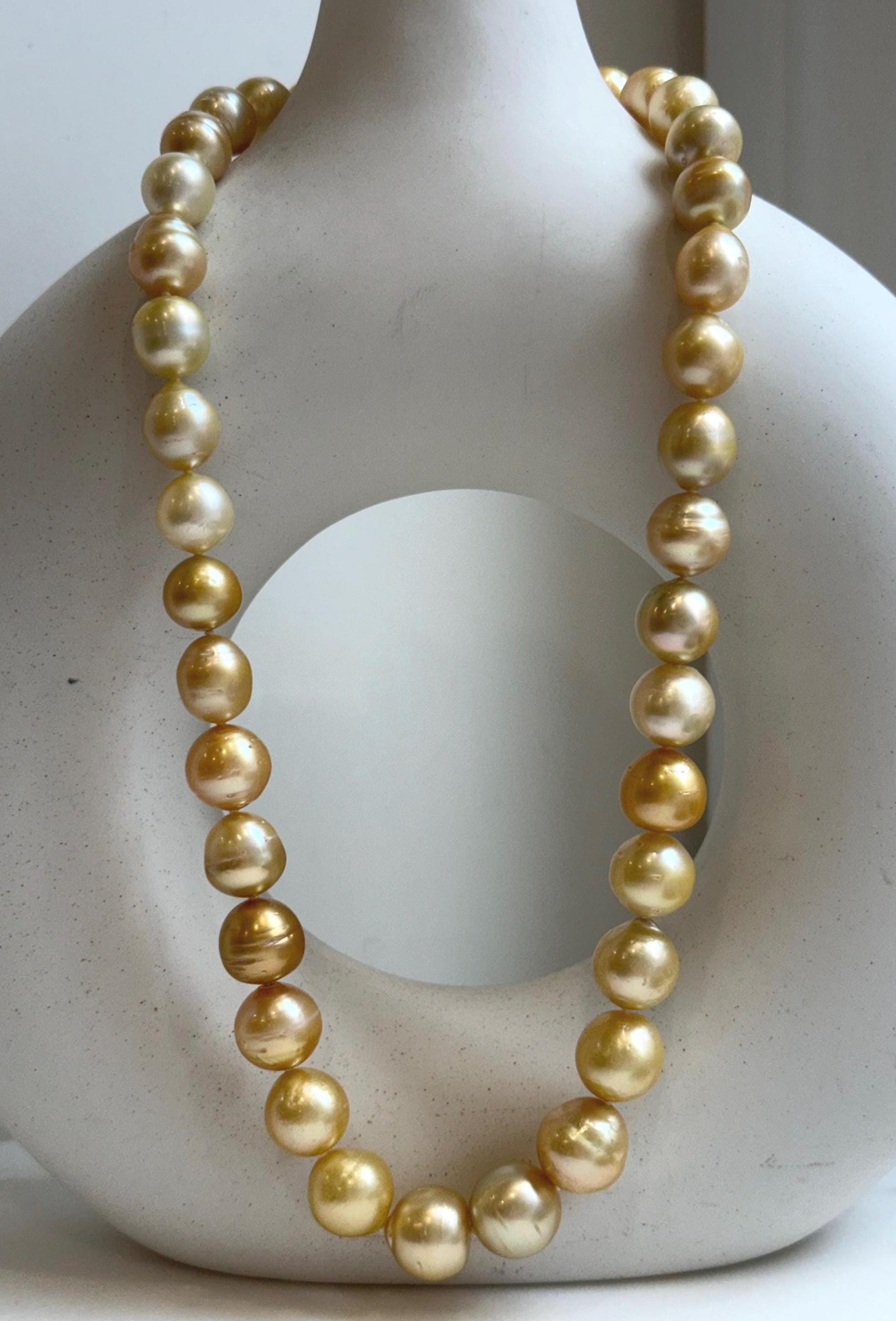 Elly’s 9.4-13.1mm 36pcs Genius natural South sea Golden Ocean Pearls Necklace: Extreme luster, 18.2” knotted, S925 silver necklace strand. high quality south sea golden pearls necklace for her