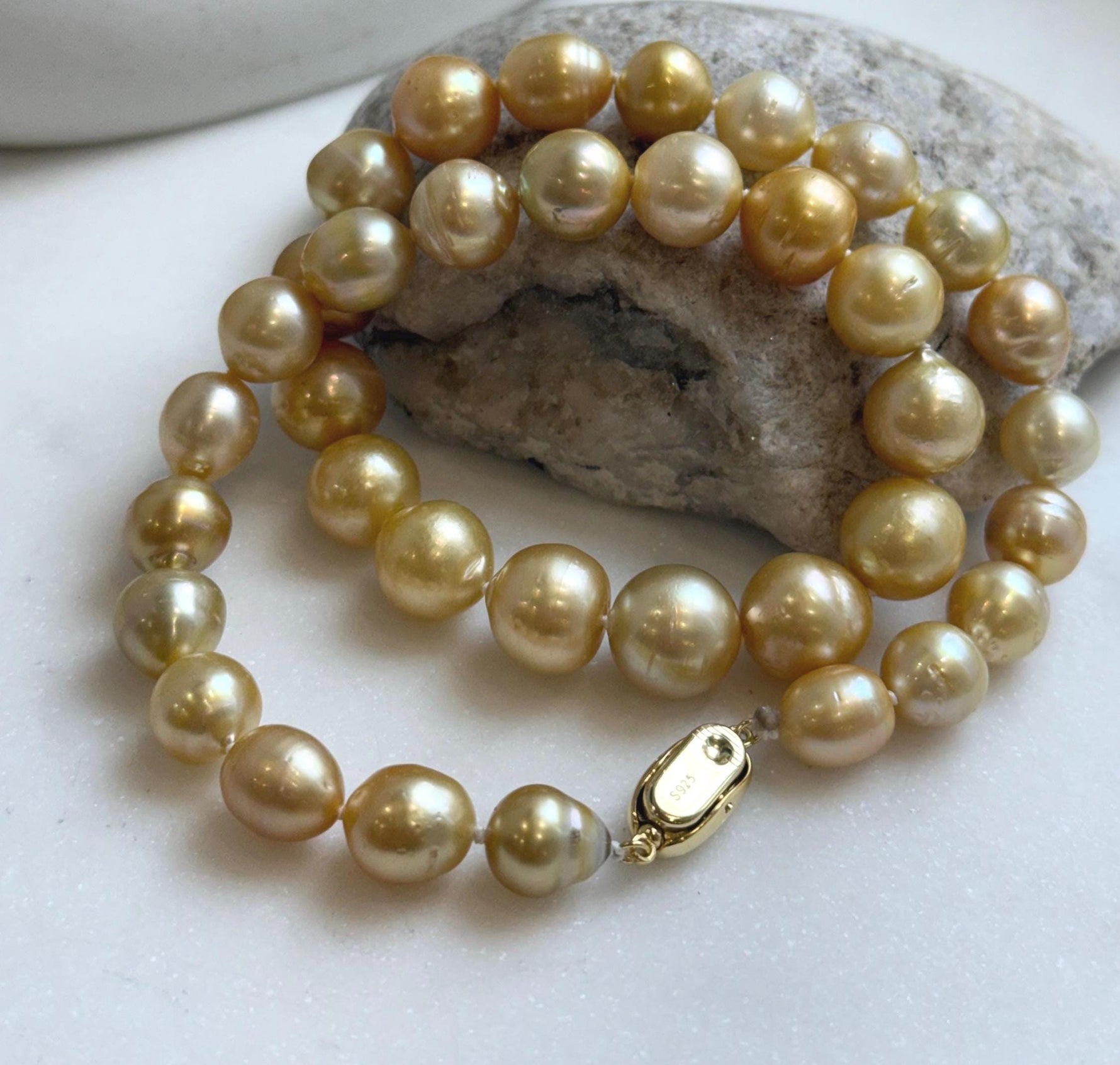Elly’s 9.4-13.1mm 36pcs Genius natural South sea Golden Ocean Pearls Necklace: Extreme luster, 18.2” knotted, S925 silver necklace strand. high quality south sea golden pearls necklace for her
