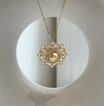 Elly’s South sea golden pearl Floral brooch pendant 2in1: Extreme luster mirrored, 10.8mm, 3x3cm. golden pearl floral brooch gift for her