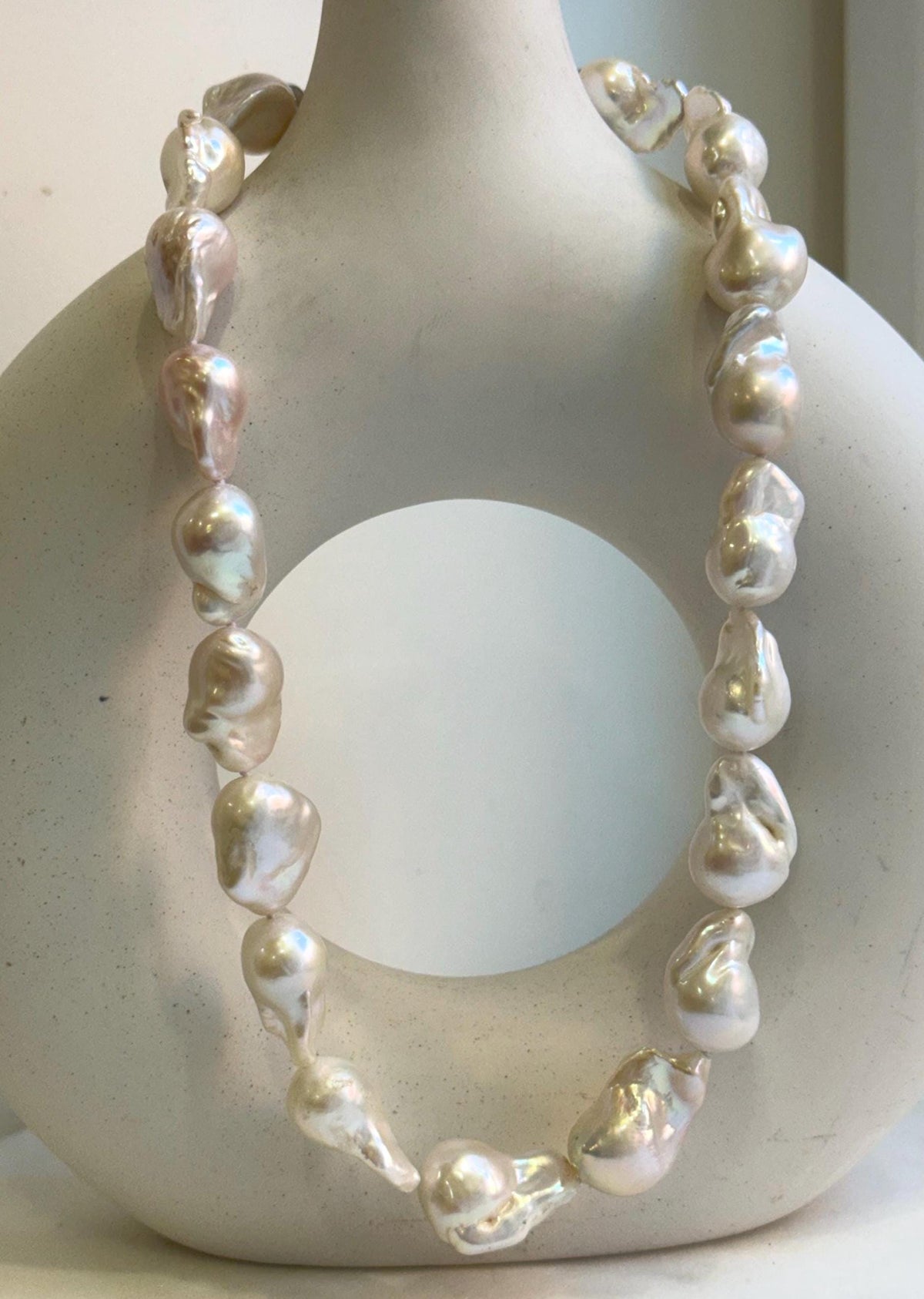 Elly’s 19pcs White Iridescent Baroque Tail pearls necklace strand: Extreme luster mirrored, To 25.2mm. Knotted, 18.5”, S925 silver necklace. high quality baroque pearls necklace for her