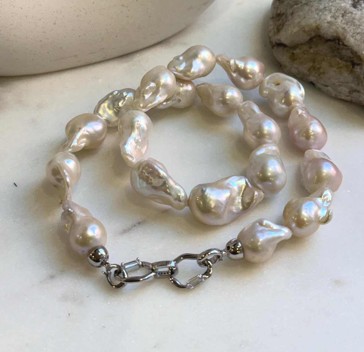Elly’s 19pcs White Iridescent Baroque Tail pearls necklace strand: Extreme luster mirrored, To 25.2mm. Knotted, 18.5”, S925 silver necklace. high quality baroque pearls necklace for her