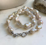 Elly’s 19pcs White Iridescent Baroque Tail pearls necklace strand: Extreme luster mirrored, To 25.2mm. Knotted, 18.5”, S925 silver necklace. high quality baroque pearls necklace for her