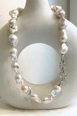 Elly’s 19pcs White Iridescent Baroque Tail pearls necklace strand: Extreme luster mirrored, To 25.2mm. Knotted, 18.5”, S925 silver necklace. high quality baroque pearls necklace for her