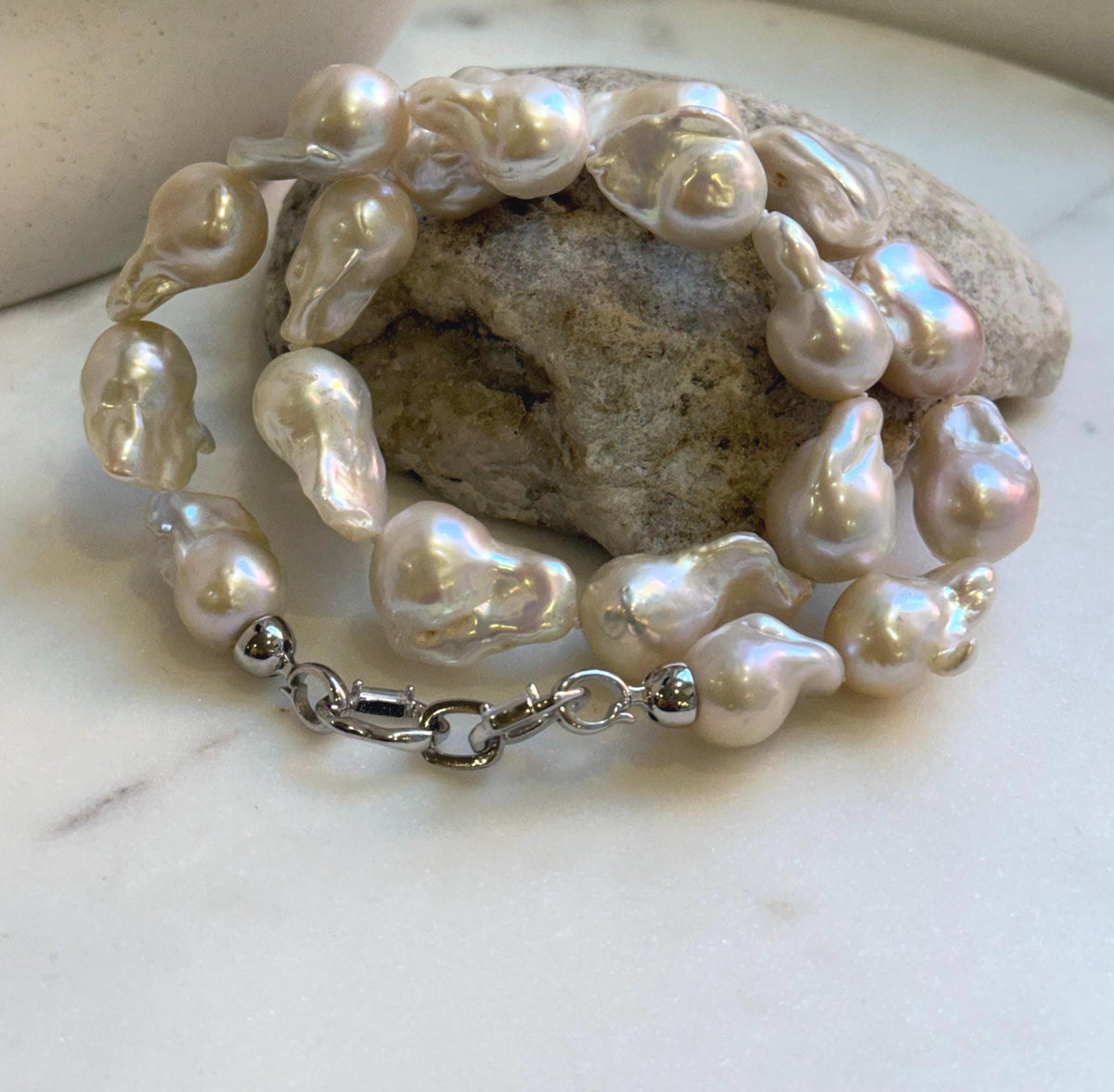 Elly’s 19pcs White Iridescent Baroque Tail pearls necklace strand: Extreme luster mirrored, To 25.2mm. Knotted, 18.5”, S925 silver necklace. high quality baroque pearls necklace for her