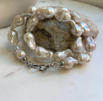Elly’s 19pcs White Iridescent Baroque Tail pearls necklace strand: Extreme luster mirrored, To 25.2mm. Knotted, 18.5”, S925 silver necklace. high quality baroque pearls necklace for her
