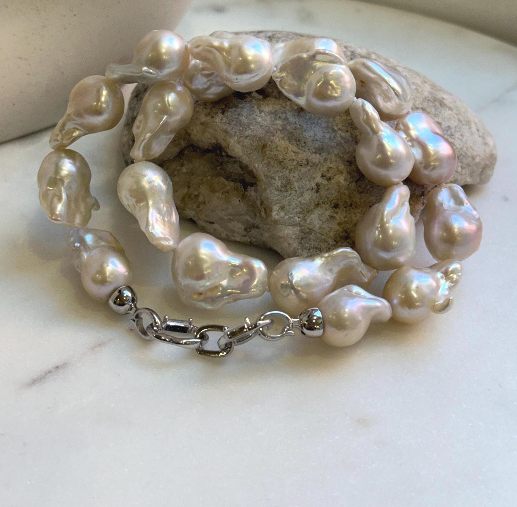 Elly’s 19pcs White Iridescent Baroque Tail pearls necklace strand: Extreme luster mirrored, To 25.2mm. Knotted, 18.5”, S925 silver necklace. high quality baroque pearls necklace for her