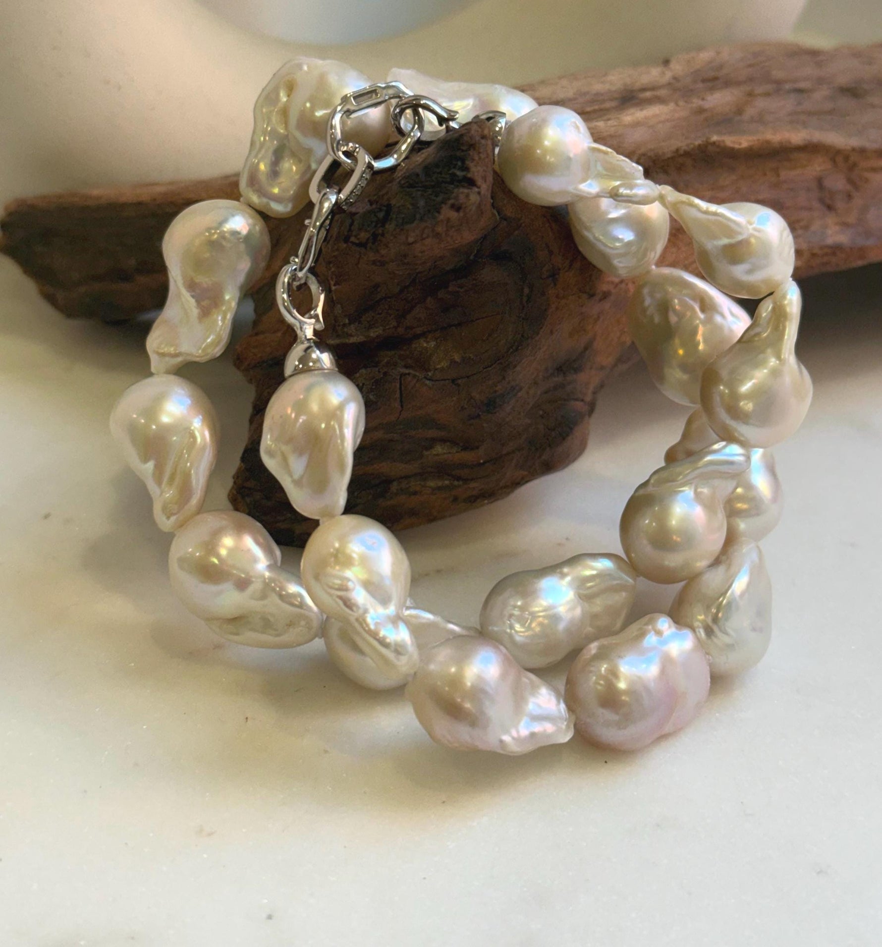 Elly’s 19pcs White Iridescent Baroque Tail pearls necklace strand: Extreme luster mirrored, To 25.2mm. Knotted, 18.5”, S925 silver necklace. high quality baroque pearls necklace for her