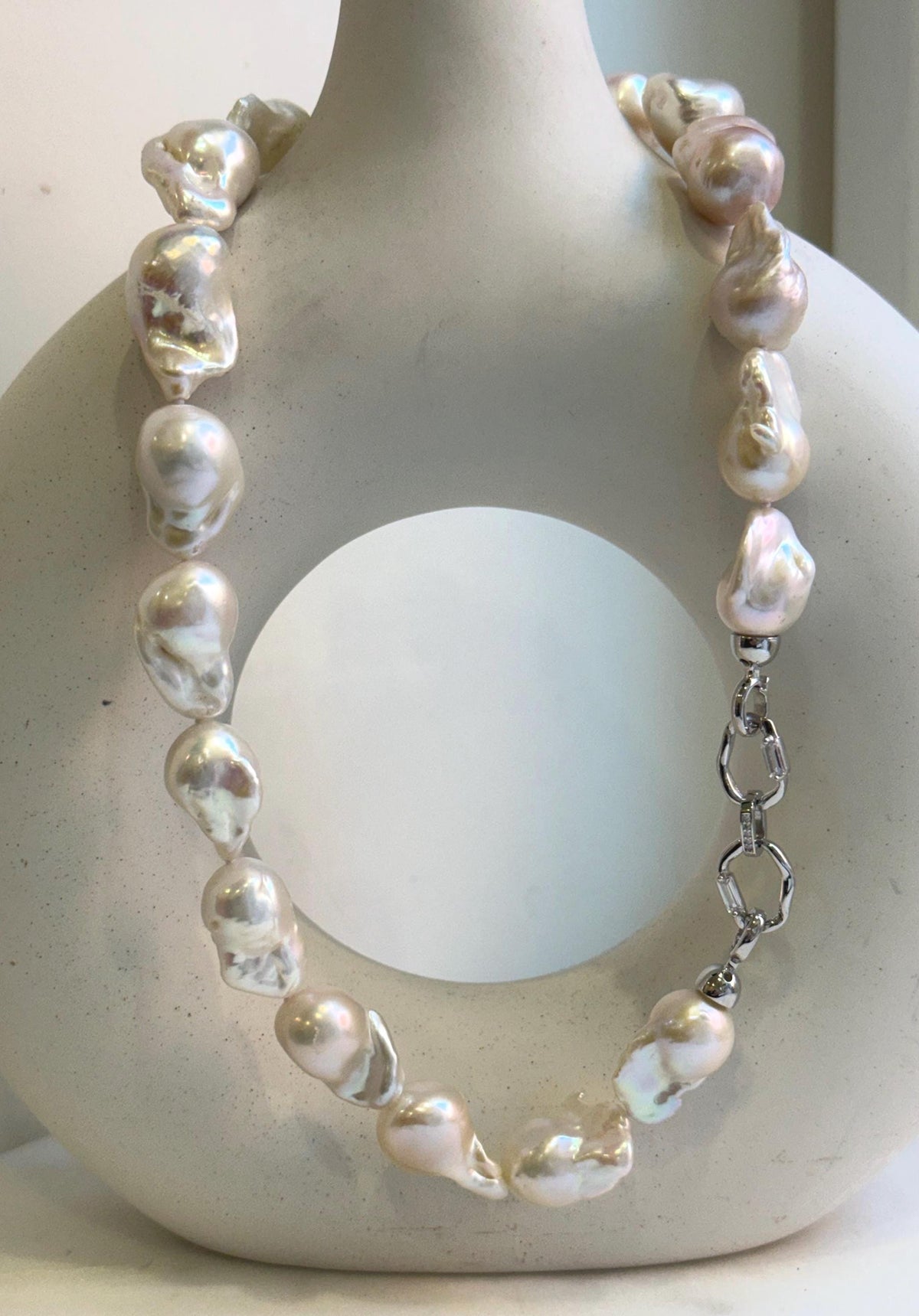 Elly’s 19pcs White Iridescent Baroque Tail pearls necklace strand: Extreme luster mirrored, To 25.2mm. Knotted, 18.5”, S925 silver necklace. high quality baroque pearls necklace for her
