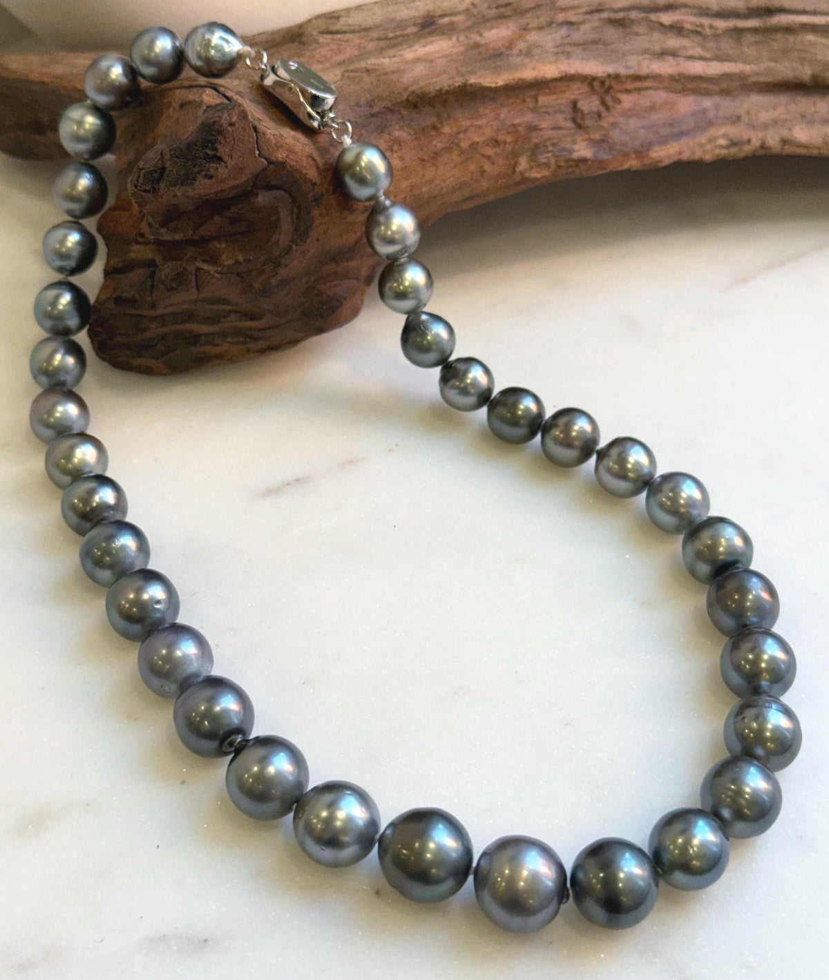 Elly’s 35pcs 10.2-13.5mm large Tahitian Platinum Ocean Pearls Necklace: extreme luster mirrored, knotted, 18.1”, S925 silver necklace. high quality platinum pearls gift for her birthday anniversary holiday retirement