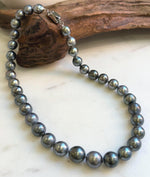 Elly’s 35pcs 10.2-13.5mm large Tahitian Platinum Ocean Pearls Necklace: extreme luster mirrored, knotted, 18.1”, S925 silver necklace. high quality platinum pearls gift for her birthday anniversary holiday retirement
