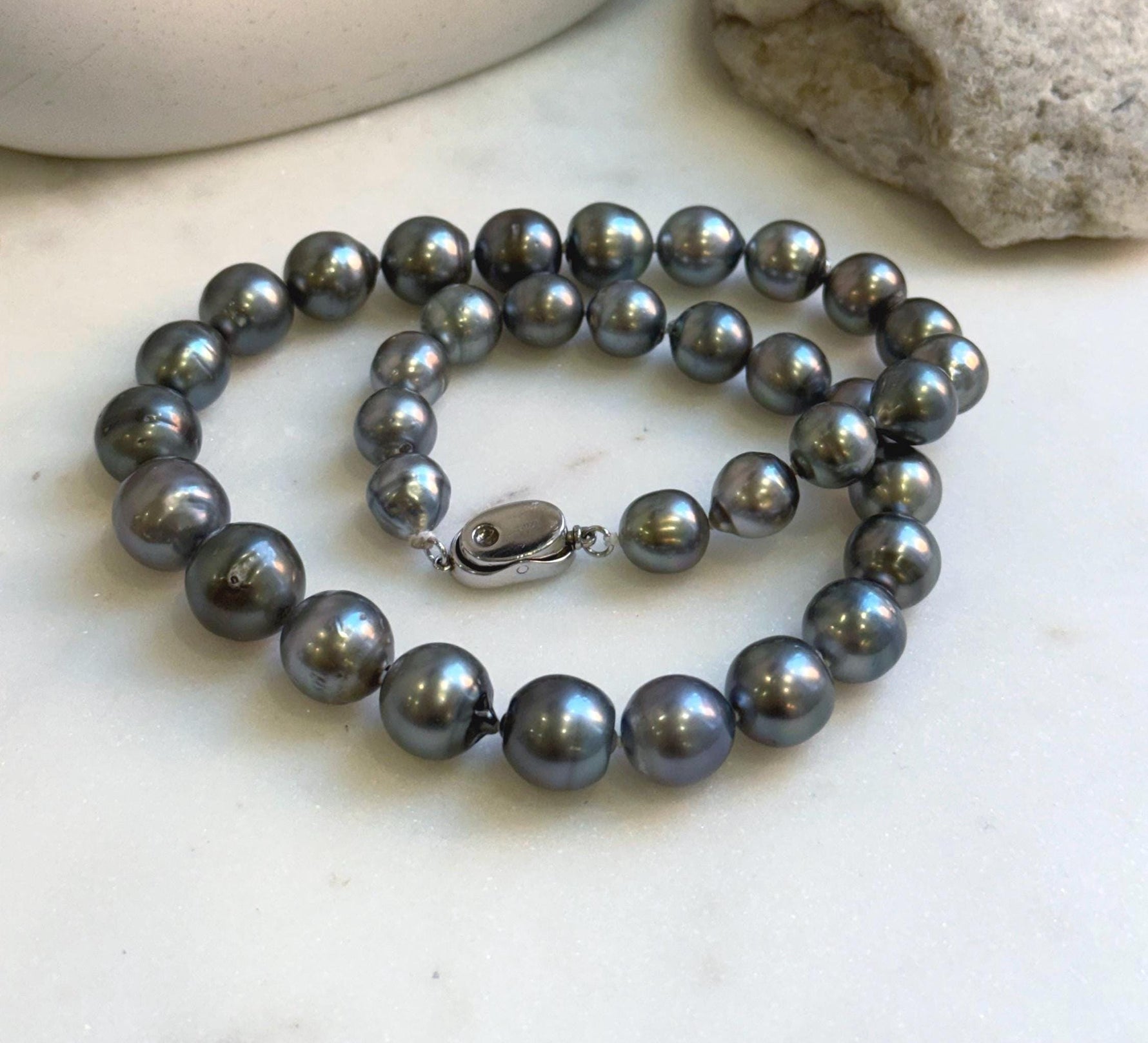 Elly’s 35pcs 10.2-13.5mm large Tahitian Platinum Ocean Pearls Necklace: extreme luster mirrored, knotted, 18.1”, S925 silver necklace. high quality platinum pearls gift for her birthday anniversary holiday retirement