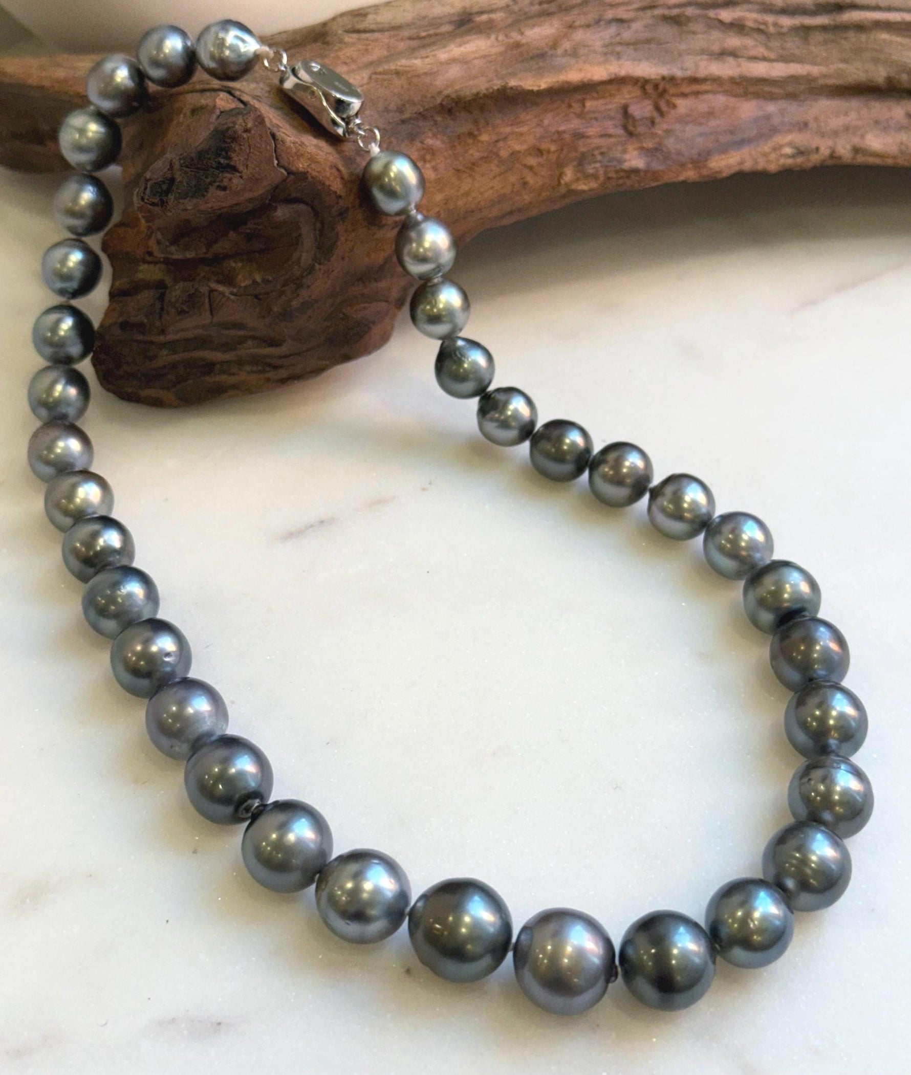 Elly’s 35pcs 10.2-13.5mm large Tahitian Platinum Ocean Pearls Necklace: extreme luster mirrored, knotted, 18.1”, S925 silver necklace. high quality platinum pearls gift for her birthday anniversary holiday retirement