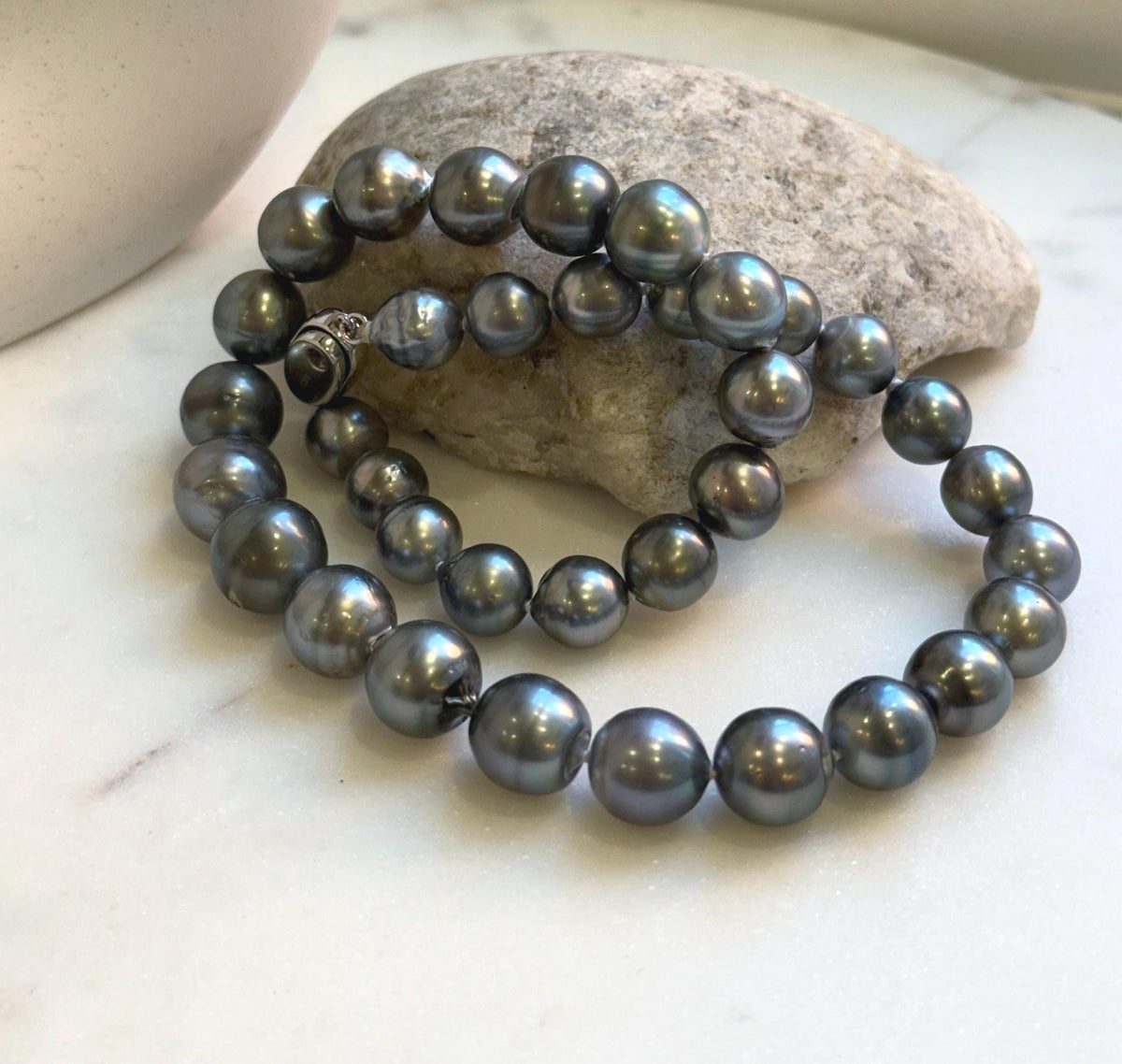 Elly’s 35pcs 10.2-13.5mm large Tahitian Platinum Ocean Pearls Necklace: extreme luster mirrored, knotted, 18.1”, S925 silver necklace. high quality platinum pearls gift for her birthday anniversary holiday retirement