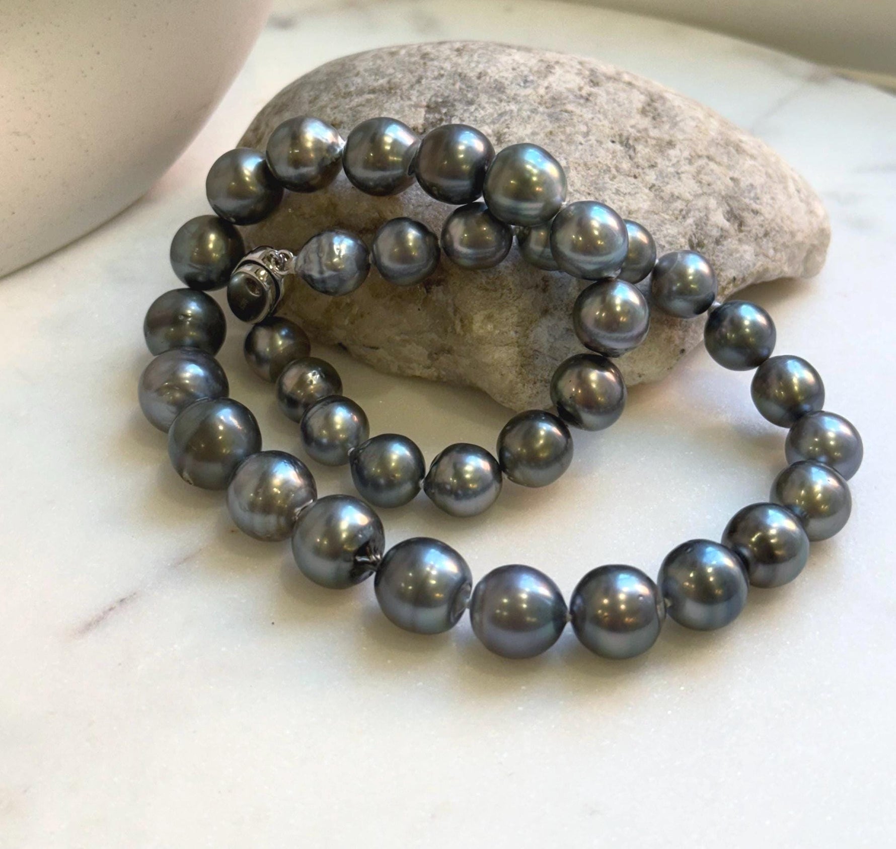 Elly’s 35pcs 10.2-13.5mm large Tahitian Platinum Ocean Pearls Necklace: extreme luster mirrored, knotted, 18.1”, S925 silver necklace. high quality platinum pearls gift for her birthday anniversary holiday retirement