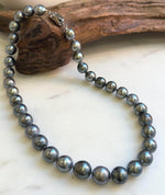Elly’s 35pcs 10.2-13.5mm large Tahitian Platinum Ocean Pearls Necklace: extreme luster mirrored, knotted, 18.1”, S925 silver necklace. high quality platinum pearls gift for her birthday anniversary holiday retirement