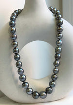 Elly’s 35pcs 10.2-13.5mm large Tahitian Platinum Ocean Pearls Necklace: extreme luster mirrored, knotted, 18.1”, S925 silver necklace. high quality platinum pearls gift for her birthday anniversary holiday retirement