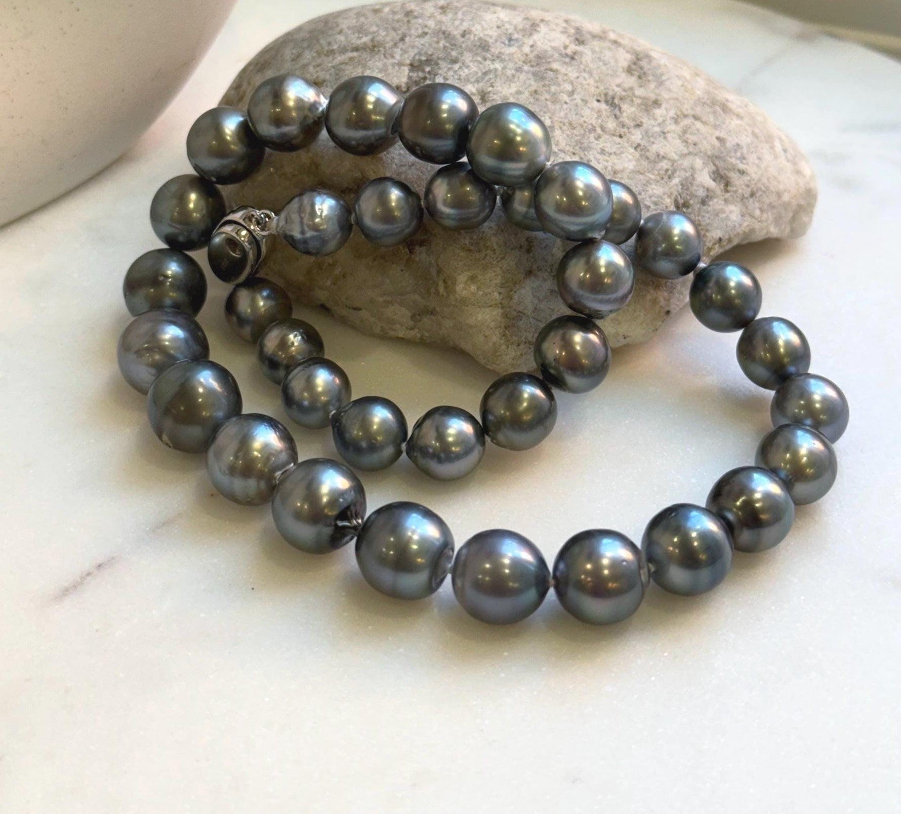 Elly’s 35pcs 10.2-13.5mm large Tahitian Platinum Ocean Pearls Necklace: extreme luster mirrored, knotted, 18.1”, S925 silver necklace. high quality platinum pearls gift for her birthday anniversary holiday retirement