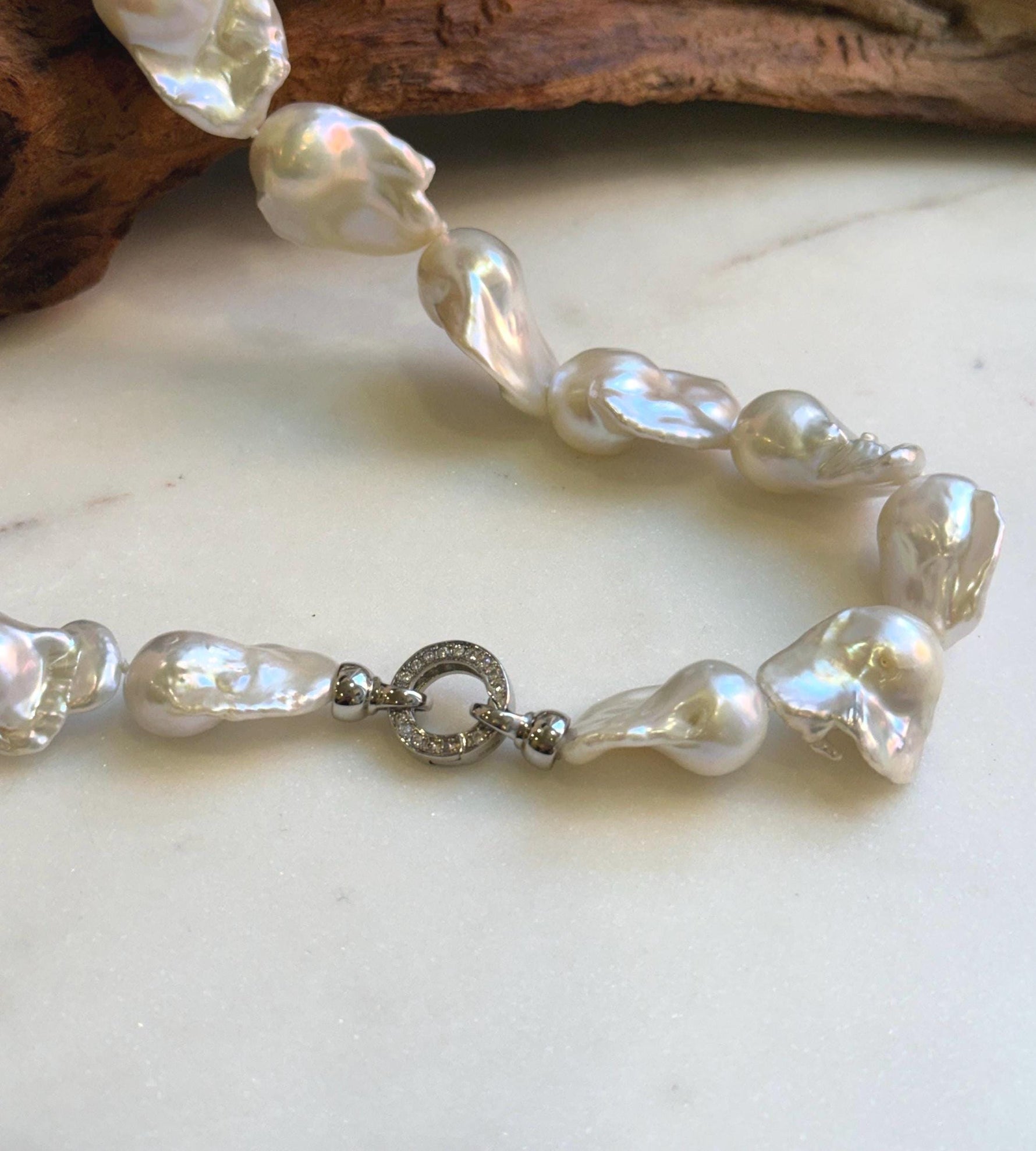 Elly’s 17pcs White Iridescent Baroque Tail pearls necklace strand: Extreme luster mirrored, To 32mm. Knotted, 18.1”, S925 silver necklace. high quality baroque pearls necklace strand gift for her birthday anniversary statement retirement