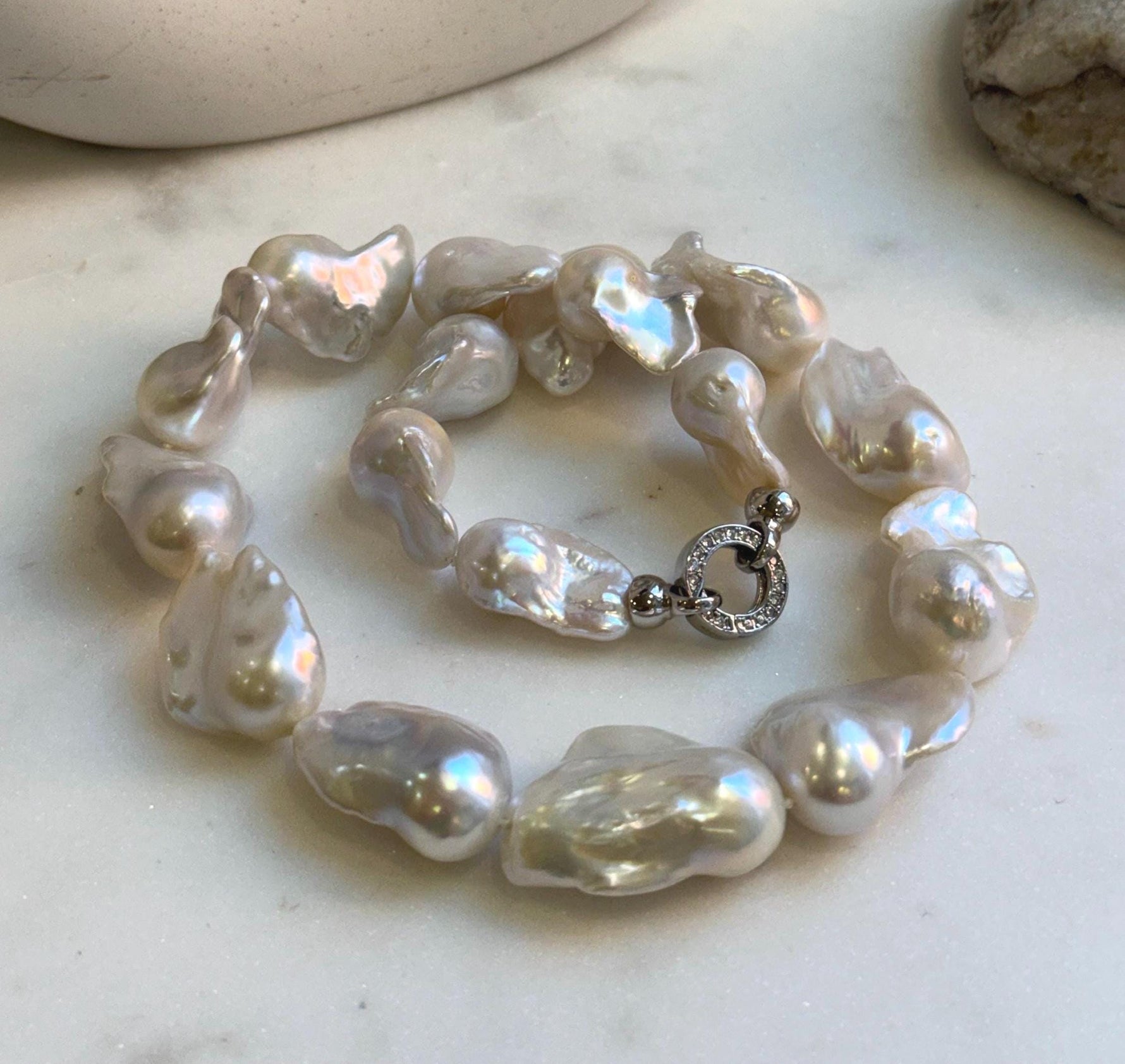 Elly’s 17pcs White Iridescent Baroque Tail pearls necklace strand: Extreme luster mirrored, To 32mm. Knotted, 18.1”, S925 silver necklace. high quality baroque pearls necklace strand gift for her birthday anniversary statement retirement