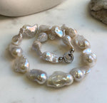 Elly’s 17pcs White Iridescent Baroque Tail pearls necklace strand: Extreme luster mirrored, To 32mm. Knotted, 18.1”, S925 silver necklace. high quality baroque pearls necklace strand gift for her birthday anniversary statement retirement