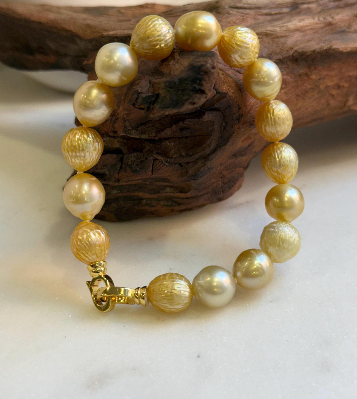 Elly’s 9.7-11mm 16pcs Genius South sea golden Ocean Pearls bracelet: Extreme luster, gold to deep golden pearls, 8.6”, S925 silver bracelet. high quality genius golden ocean pearls gift for her birthday anniversary statement holiday retirement