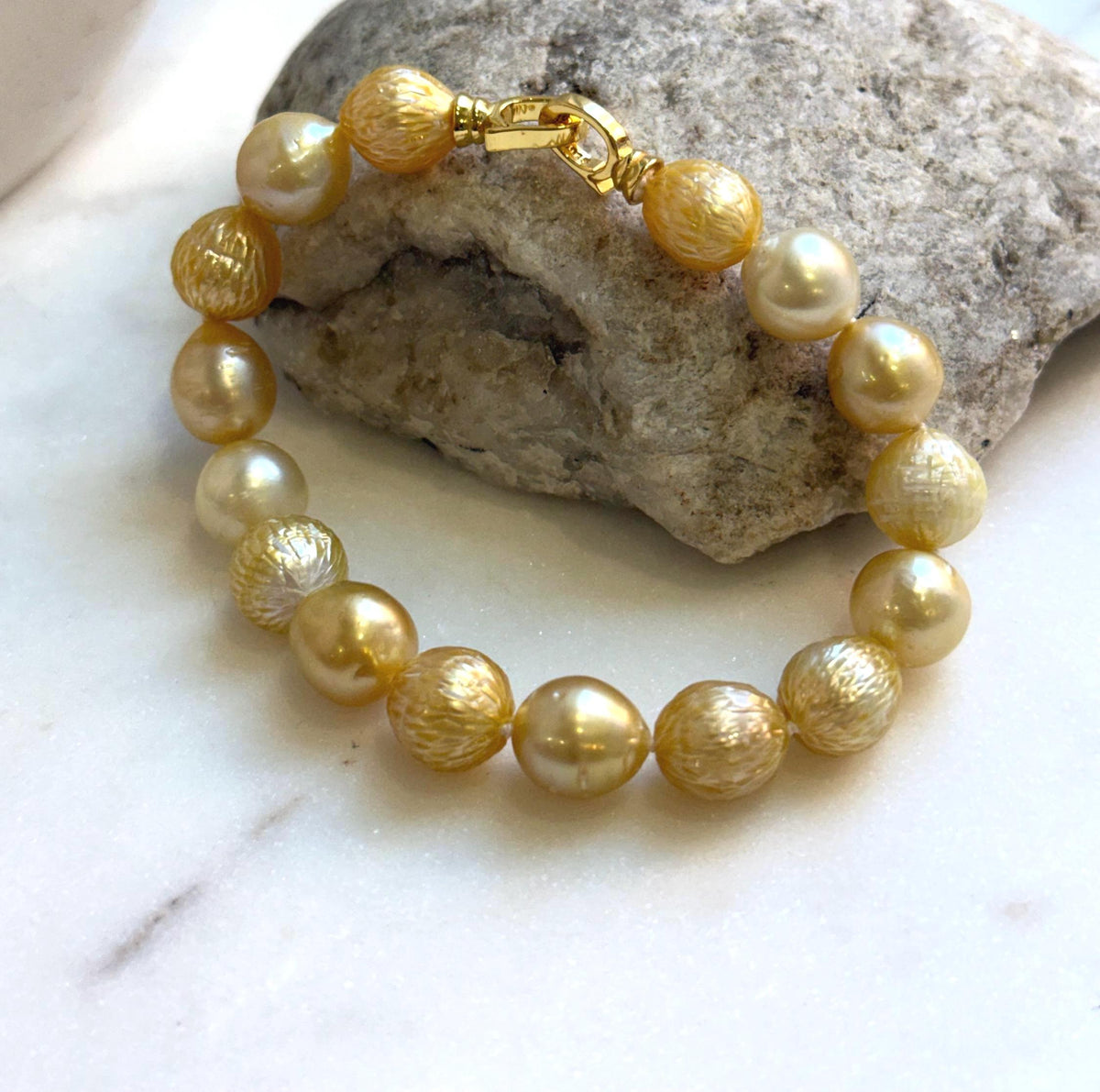 Elly’s 9.7-11mm 16pcs Genius South sea golden Ocean Pearls bracelet: Extreme luster, gold to deep golden pearls, 8.6”, S925 silver bracelet. high quality genius golden ocean pearls gift for her birthday anniversary statement holiday retirement