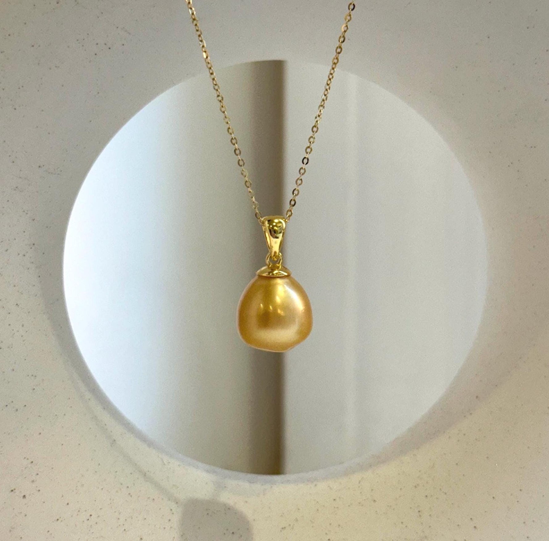 Elly’s 12.8mm South sea deep golden ocean pearl Pendant: Extreme luster, 2.2cm high, s925 silver minimalist pendant. genius south sea golden ocean pearl pendant for her