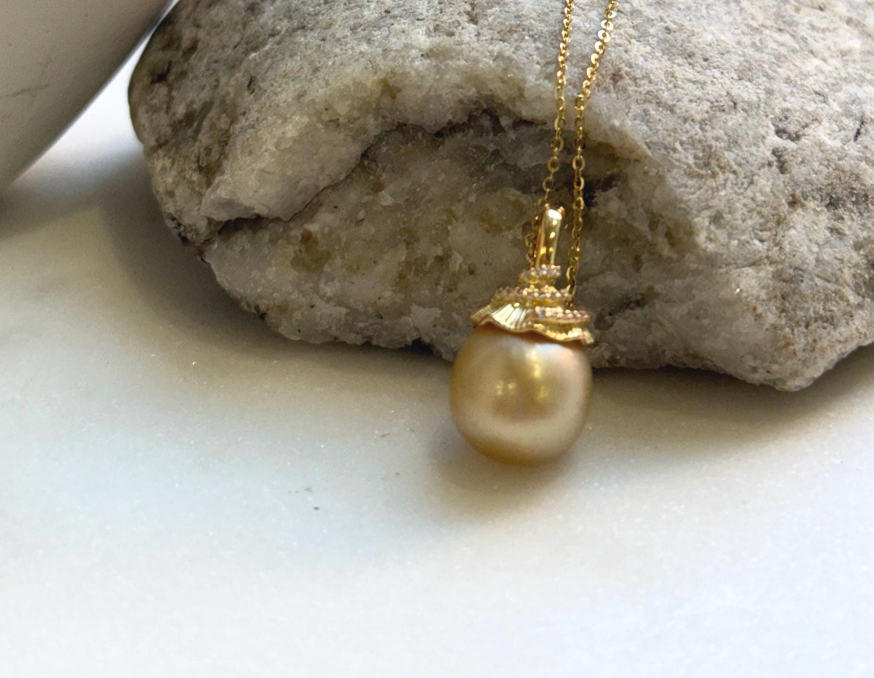 Elly’s 12.1mm South sea deep golden ocean pearl Pendant: Extreme luster, 2.2cm high, s925 silver minimalist pendant.