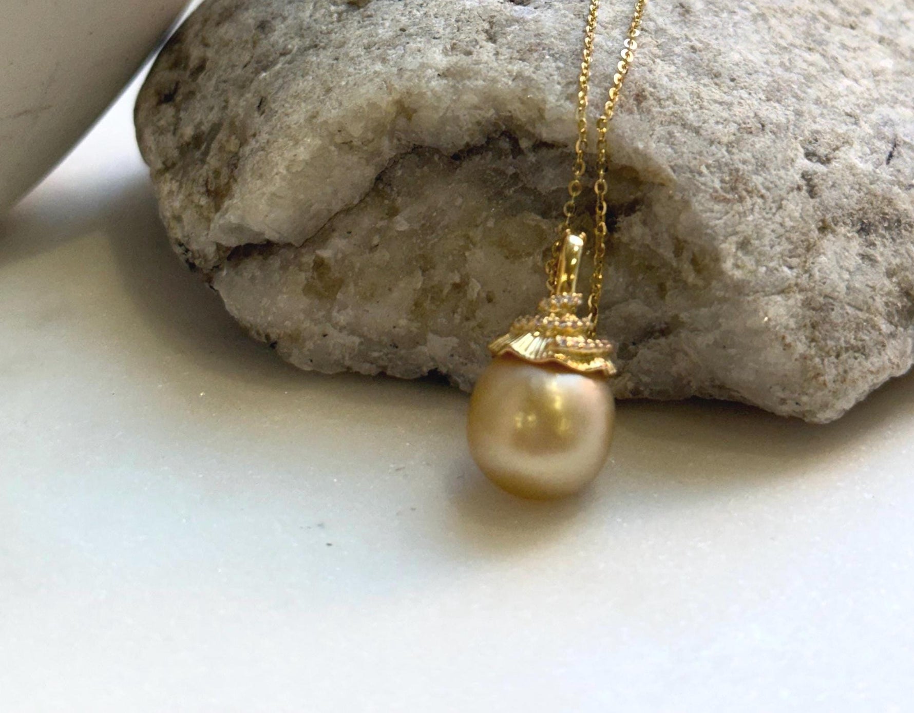 Elly’s 12.1mm South sea deep golden ocean pearl Pendant: Extreme luster, 2.2cm high, s925 silver minimalist pendant.