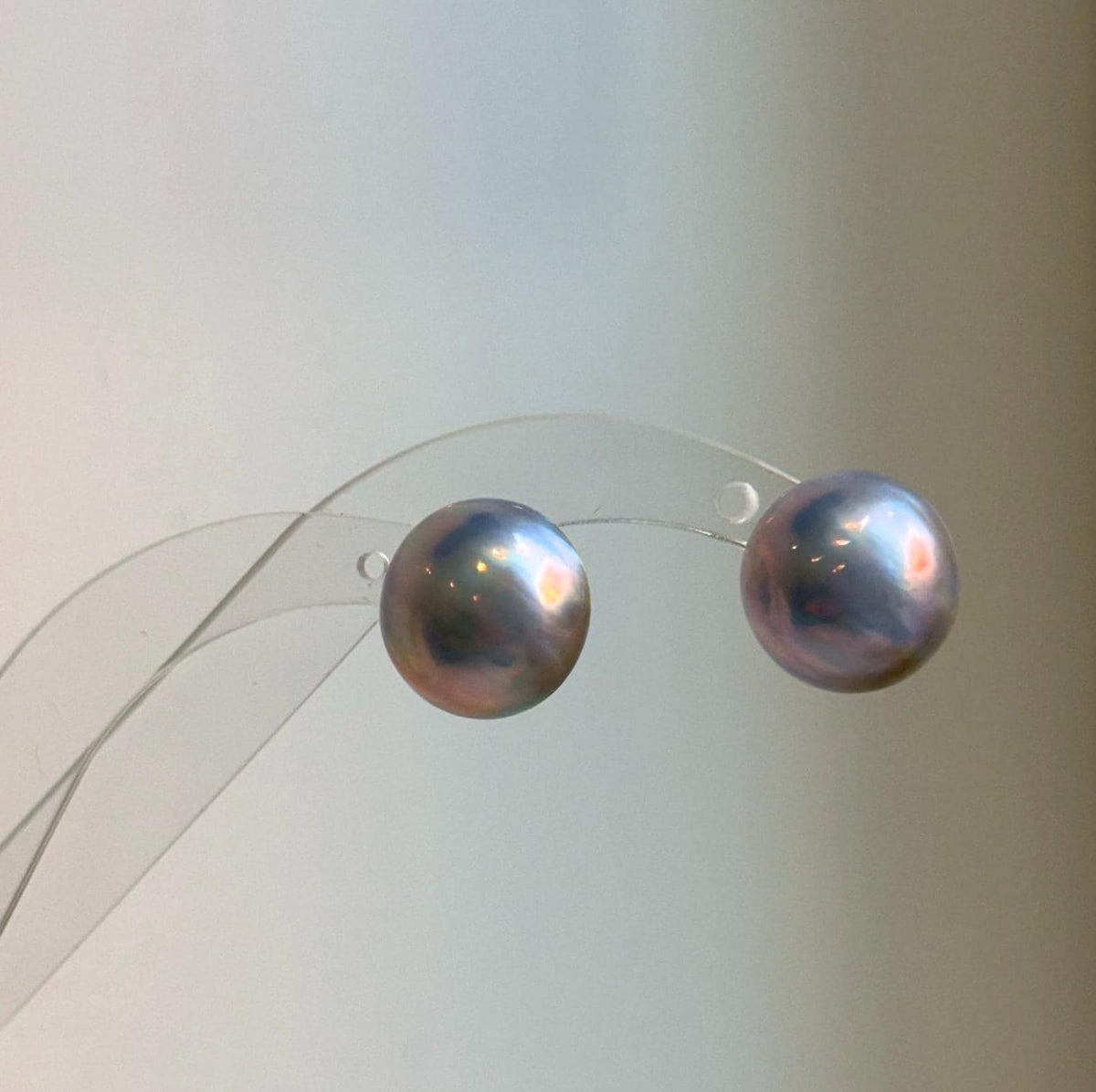 Elly’s 15.5mm Genius Sky Blue Ocean Mabe Pearls Earrings Studs: Extreme luster Mirrored, S925 silver minimalist earrings studs. high quality Sky blue Japanese ocean Mabe pearls earrings studs for her birthday