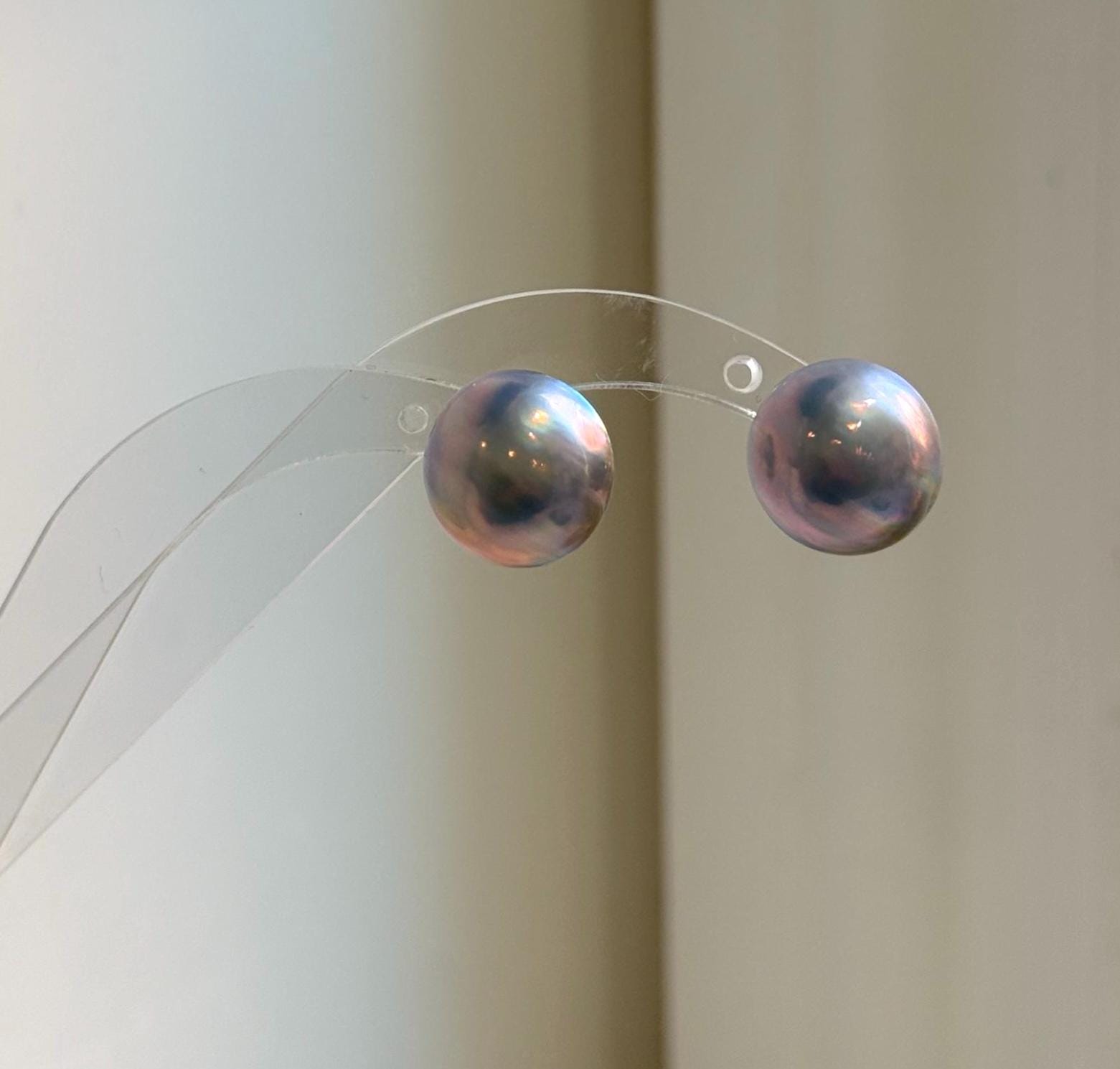 Elly’s 15.5mm Genius Sky Blue Ocean Mabe Pearls Earrings Studs: Extreme luster Mirrored, S925 silver minimalist earrings studs. high quality Sky blue Japanese ocean Mabe pearls earrings studs for her