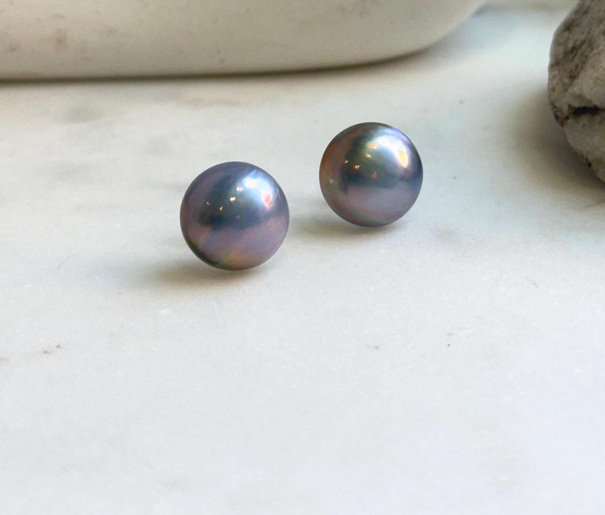 Elly’s 15.5mm Genius Sky Blue Ocean Mabe Pearls Earrings Studs: Extreme luster Mirrored, S925 silver minimalist earrings studs. high quality Sky blue Japanese ocean Mabe pearls earrings studs for her anniversary