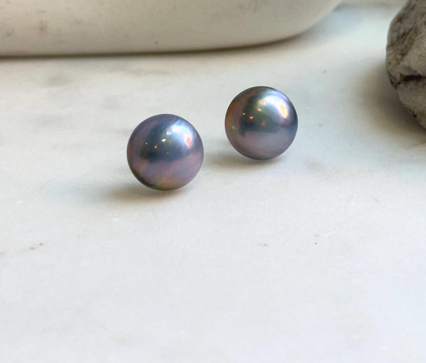Elly’s 15.5mm Genius Sky Blue Ocean Mabe Pearls Earrings Studs: Extreme luster Mirrored, S925 silver minimalist earrings studs. high quality Sky blue Japanese ocean Mabe pearls earrings studs for her anniversary