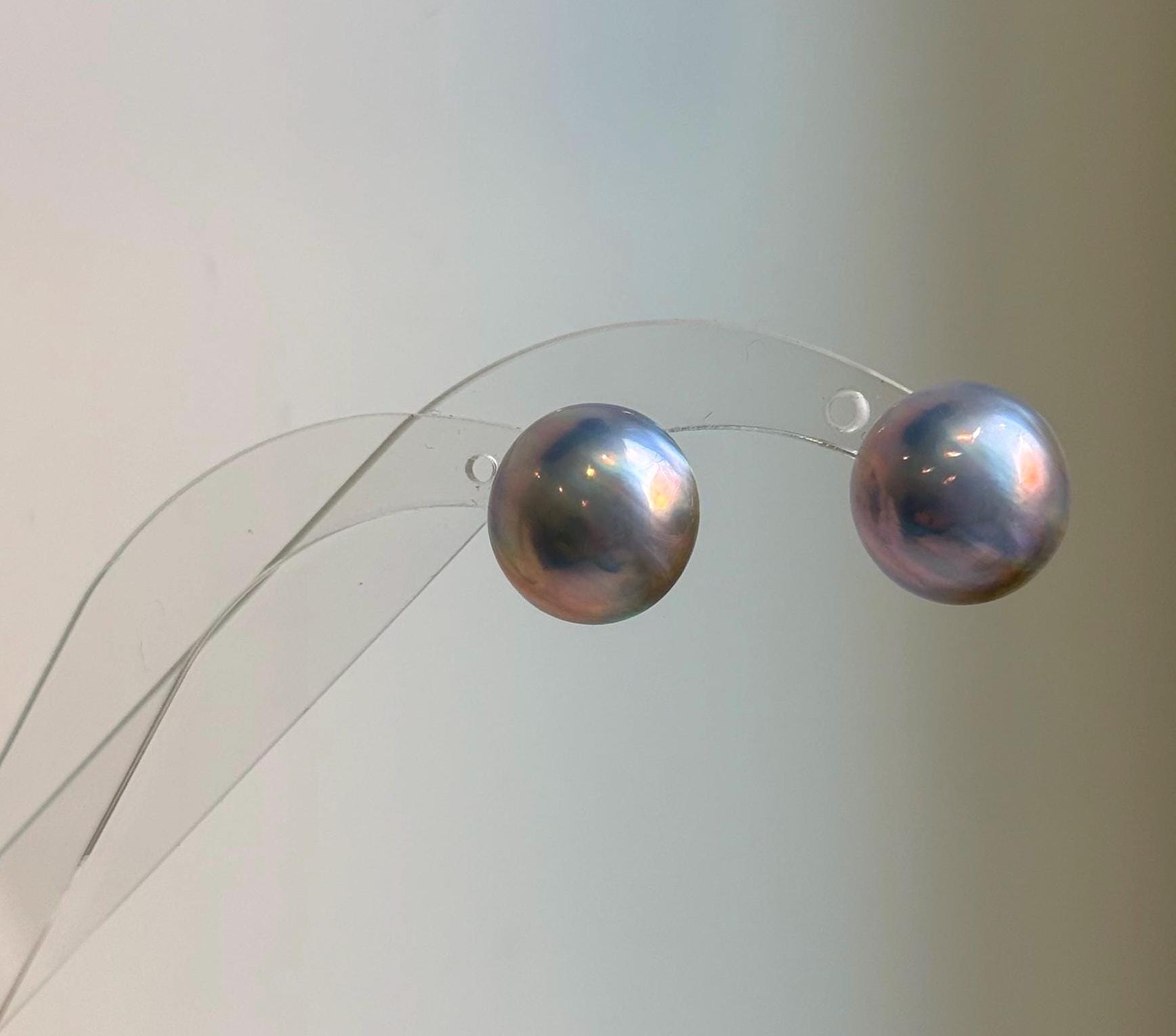 Elly’s 15.5mm Genius Sky Blue Ocean Mabe Pearls Earrings Studs: Extreme luster Mirrored, S925 silver minimalist earrings studs. high quality Sky blue Japanese ocean Mabe pearls earrings studs for her holiday
