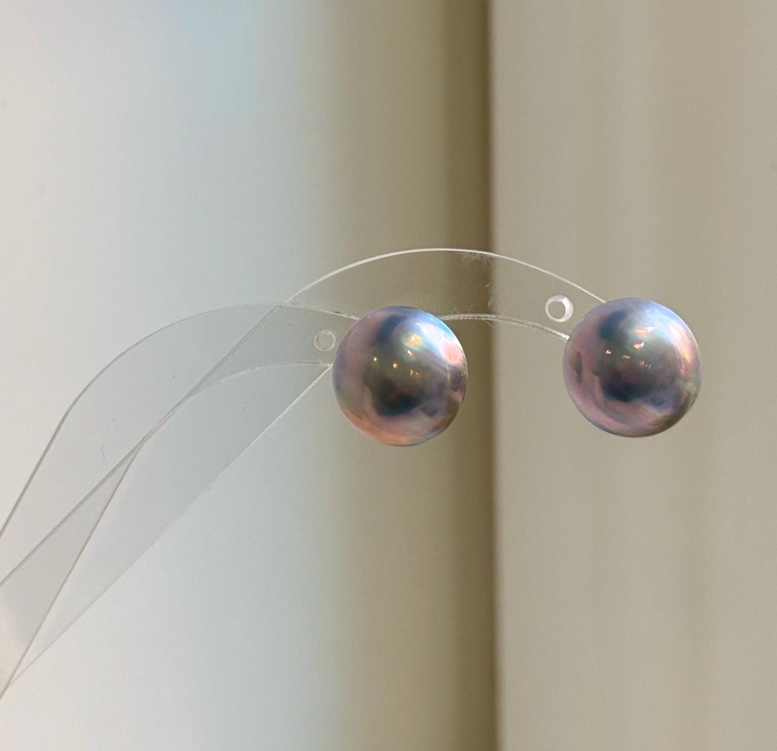 Elly’s 15.5mm Genius Sky Blue Ocean Mabe Pearls Earrings Studs: Extreme luster Mirrored, S925 silver minimalist earrings studs. high quality Sky blue Japanese ocean Mabe pearls earrings studs for her party