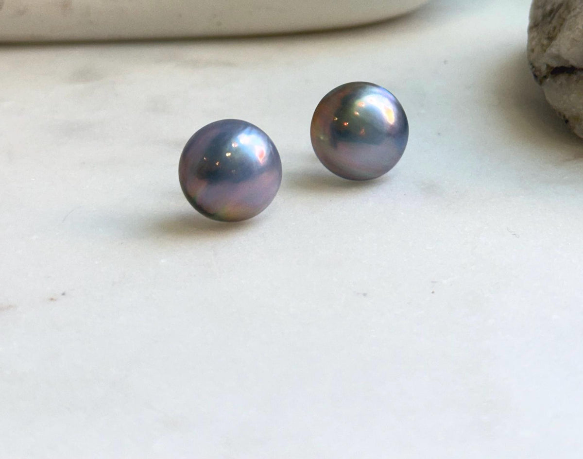 Elly’s 15.5mm Genius Sky Blue Ocean Mabe Pearls Earrings Studs: Extreme luster Mirrored, S925 silver minimalist earrings studs. high quality Sky blue Japanese ocean Mabe pearls earrings studs for her