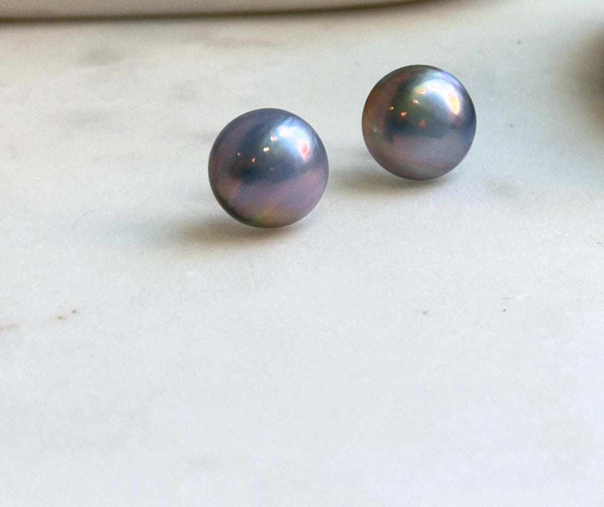 Elly’s 15.5mm Genius Sky Blue Ocean Mabe Pearls Earrings Studs: Extreme luster Mirrored, S925 silver minimalist earrings studs. high quality Sky blue Japanese ocean Mabe pearls earrings studs for her