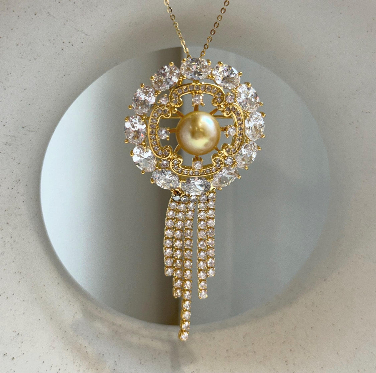 Elly’s Genius South sea ultra gold ocean pearl Floral brooch pendant 2in1: Extreme luster mirrored, 10.3mm, 3.5x7cm. gift for her