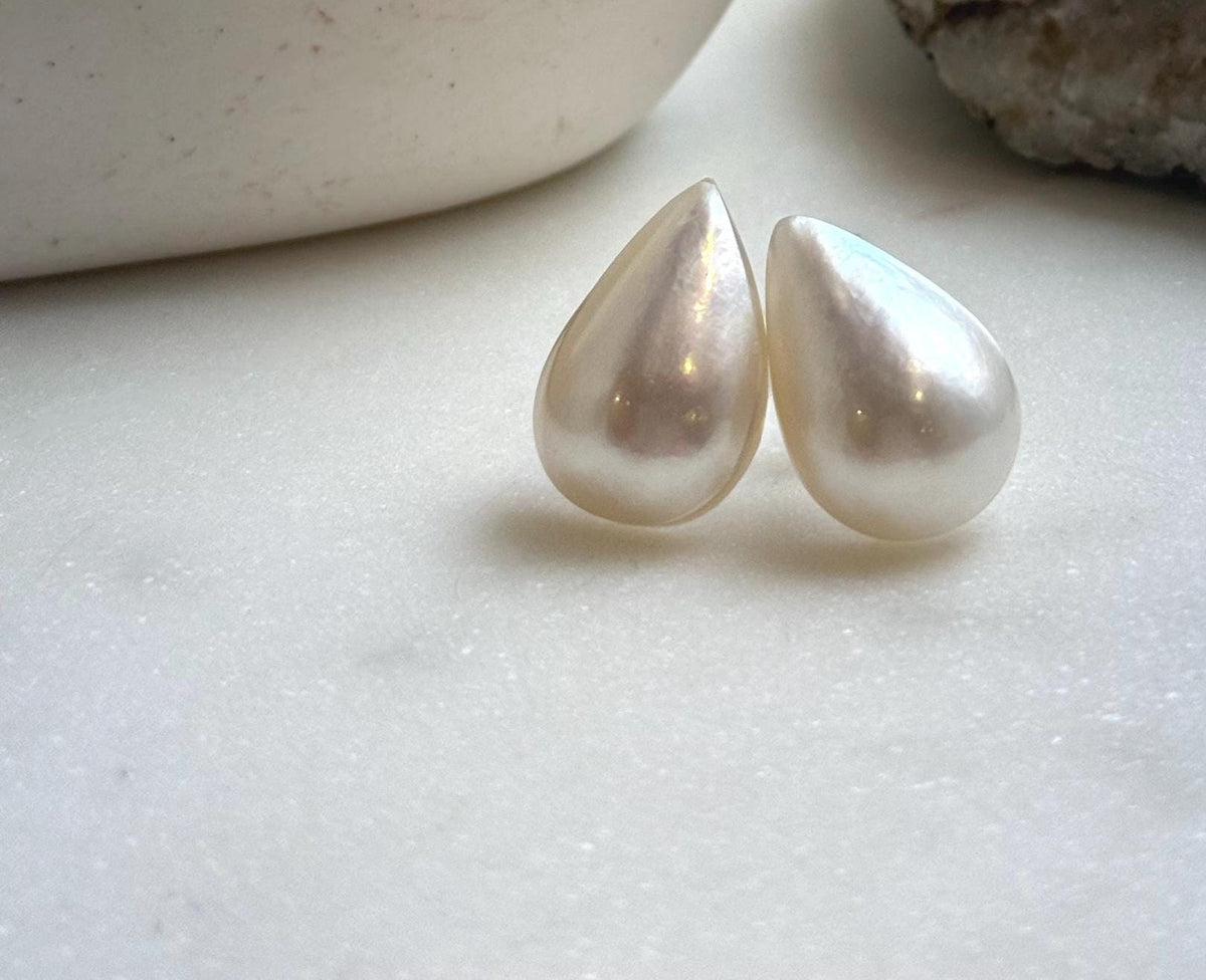 Elly’s 14.2x21.3mm Genius Ivory Ocean Mabe Pearls Earrings Studs: Extreme luster Mirrored, S925 silver minimalist earrings studs. high quality Mabe earrings studs for her anniversary