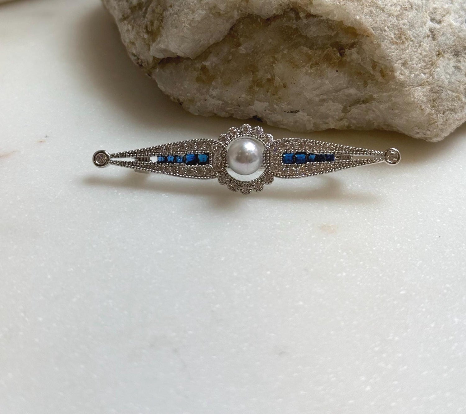 Elly’s Akoya blue silver ocean pearl Vintage brooch: Extreme luster mirrored, 6.3mm, 1.3x5.5cm.