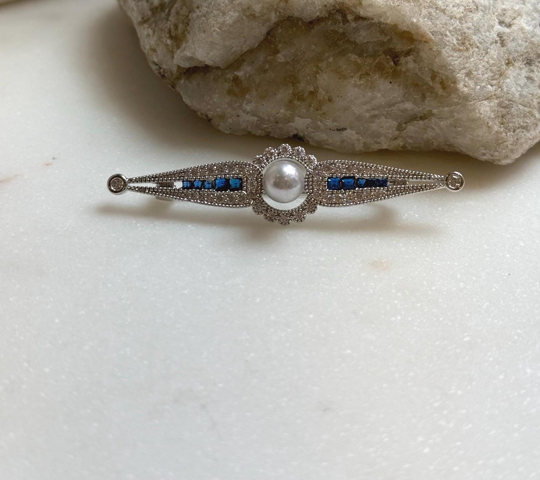 Elly’s Akoya blue silver ocean pearl Vintage brooch: Extreme luster mirrored, 6.3mm, 1.3x5.5cm.