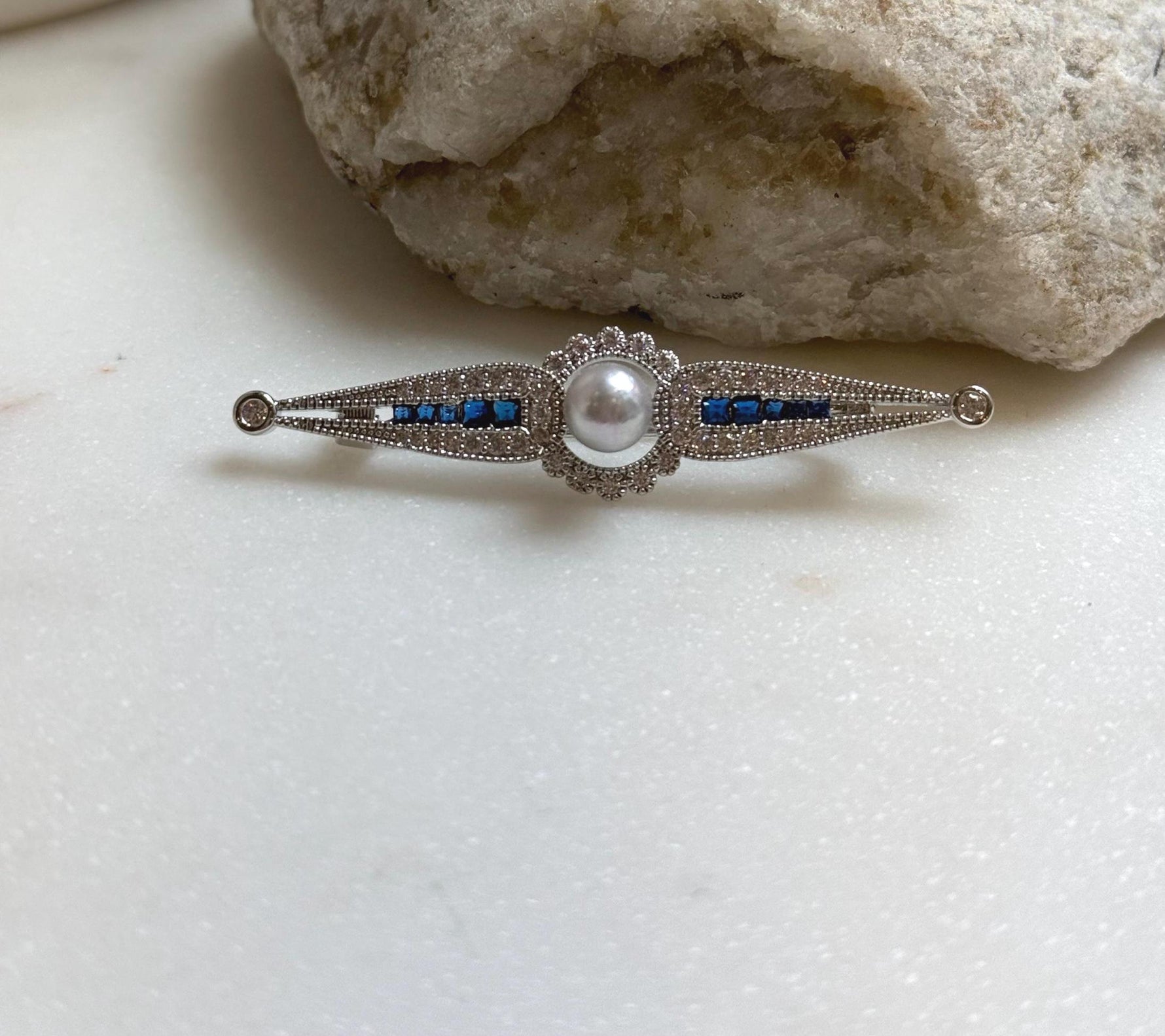 Elly’s Akoya blue silver ocean pearl Vintage brooch: Extreme luster mirrored, 6.3mm, 1.3x5.5cm.