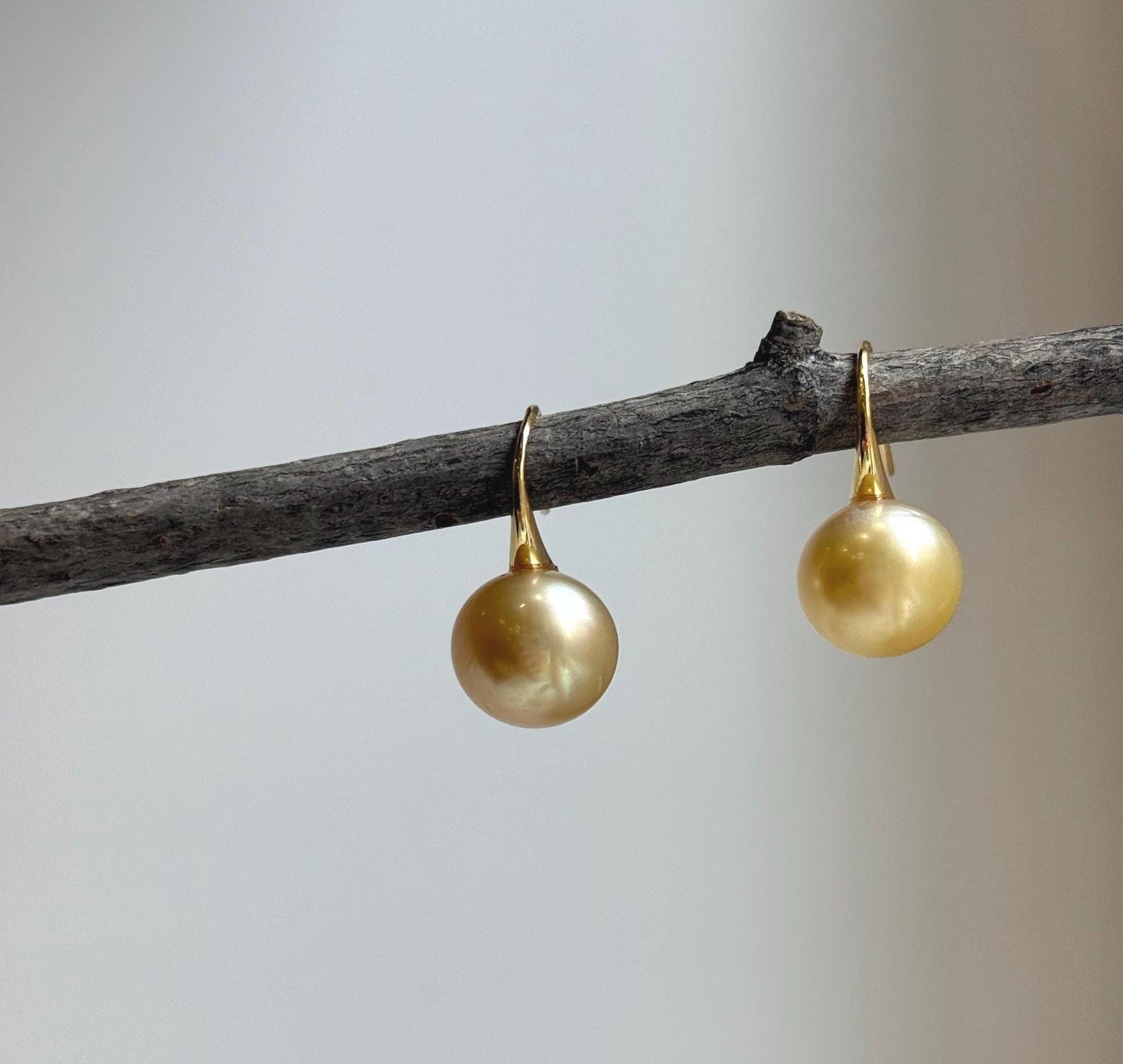Elly’s 11.5mm Genius South sea golden ocean Pearls High-heel Earrings hooks: Extreme luster mirrored, 2.2cm high, S925 silver cool earrings. high quality golden pearls earrings hooks gift for her