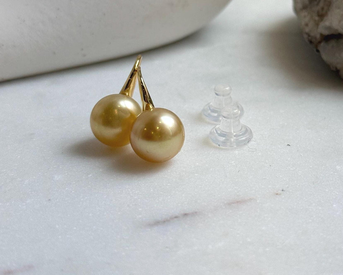 Elly’s 11.5mm Genius South sea golden ocean Pearls High-heel Earrings hooks: Extreme luster mirrored, 2.2cm high, S925 silver cool earrings. high quality golden pearls earrings hooks gift for her anniversary