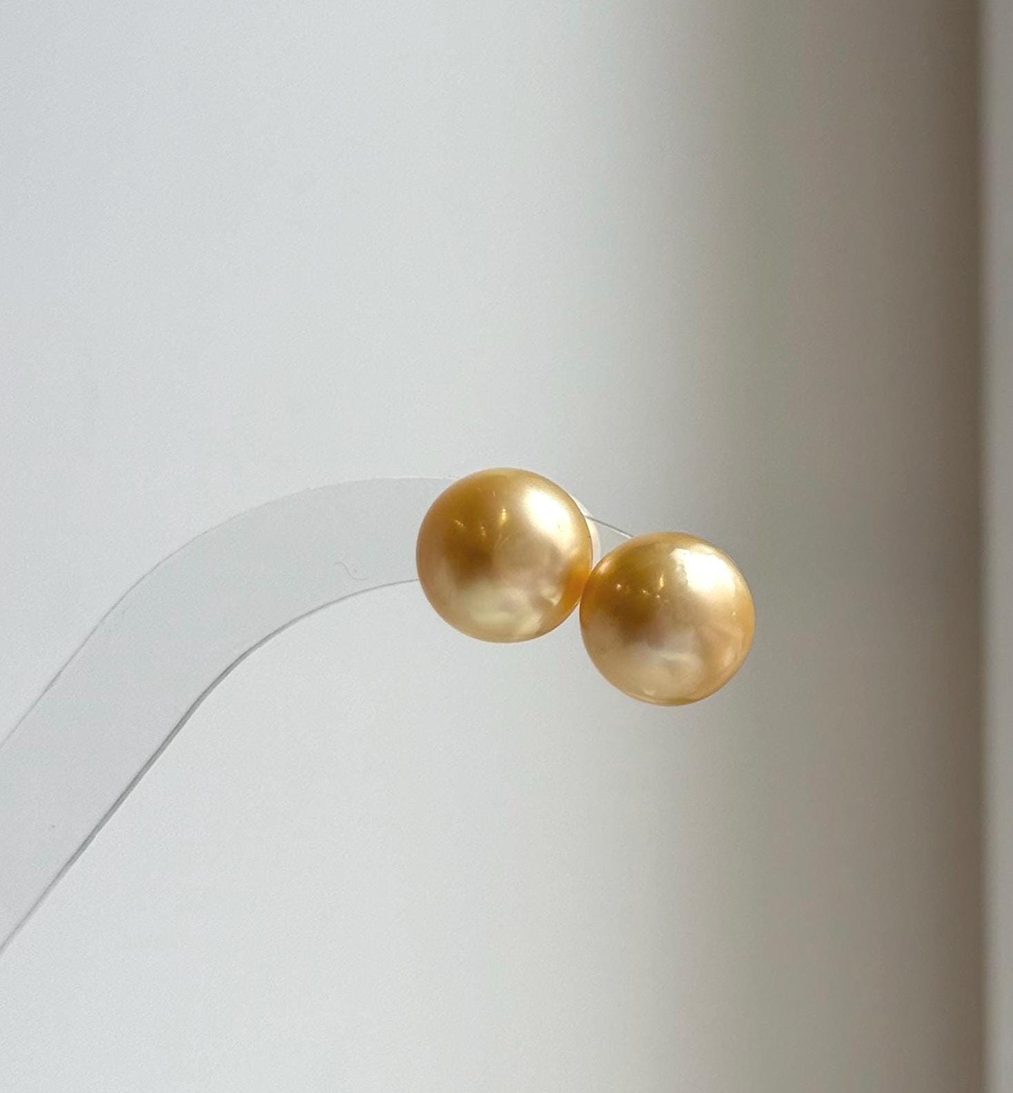 Elly’s 12.4mm Genius natural South sea ultra golden ocean Pearls Earrings studs: Extreme luster, S925 silver minimalist earrings studs. gift for her birthday