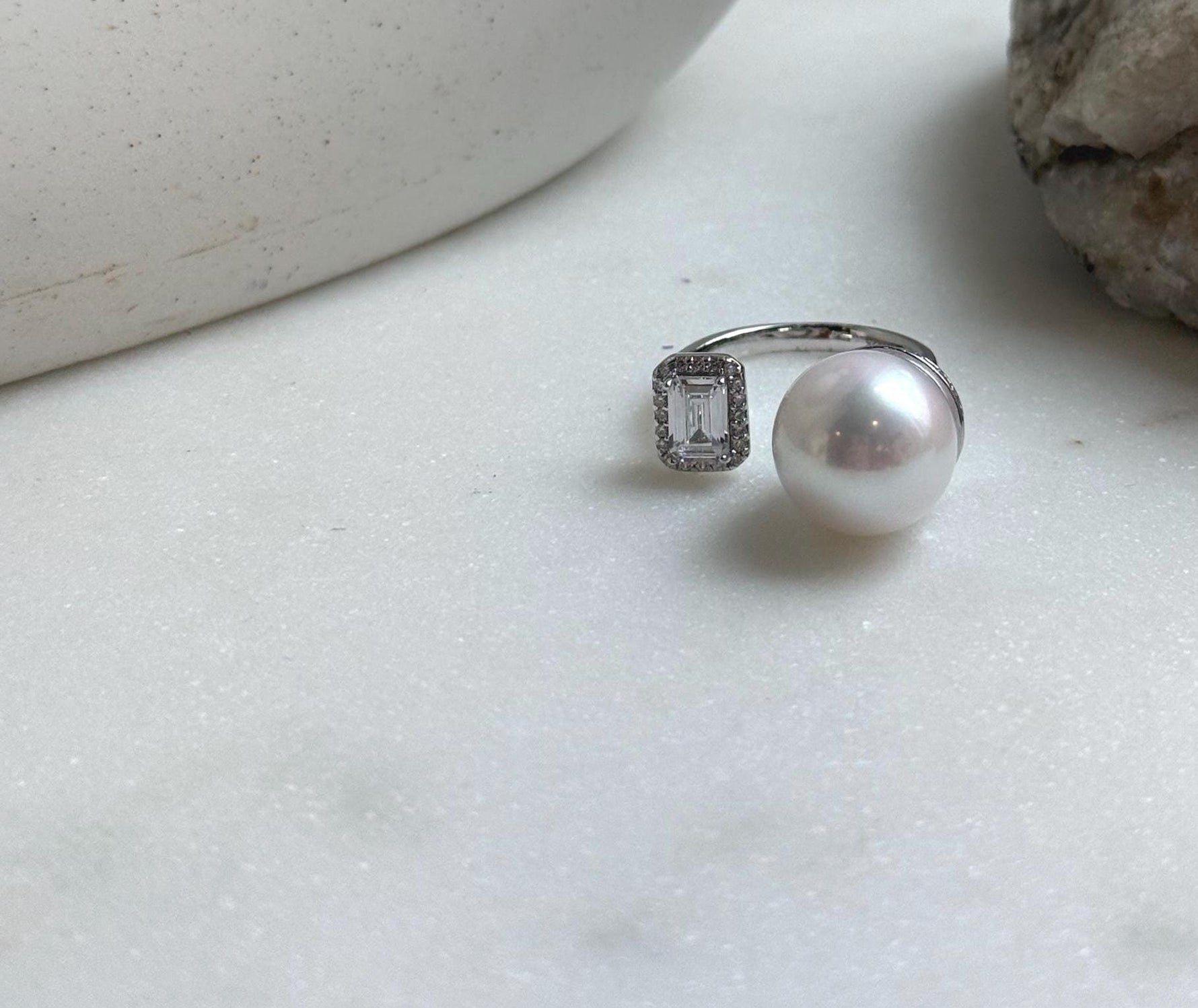 Elly’s 12.3mm 5A White Edison pearl ring: Extreme luster mirrored, S925 silver adjustable ring. high quality daily office white pearl ring gift for her