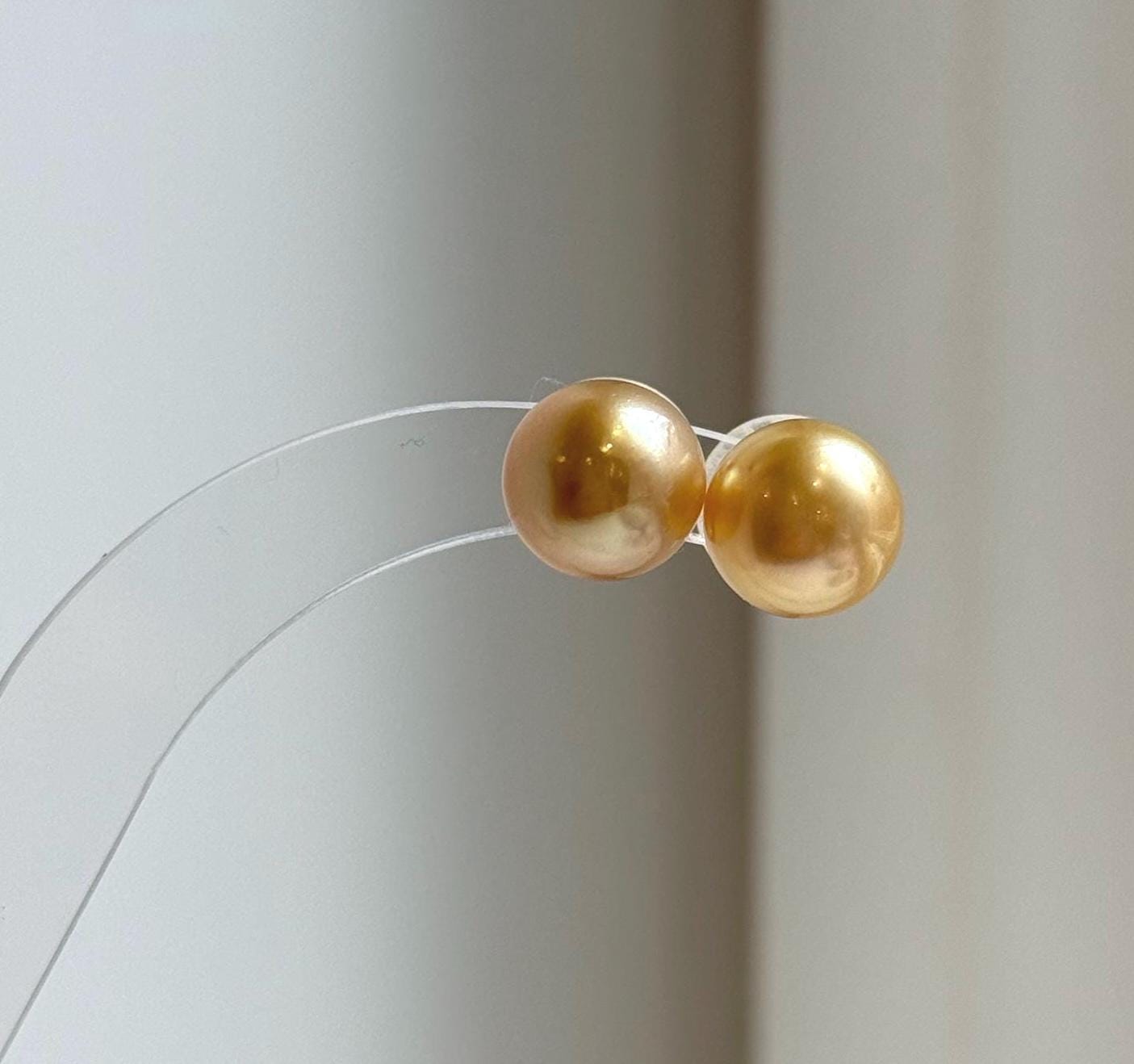 Elly’s 10.4mm Genius natural South sea deep golden ocean Pearls Earrings studs: Extreme luster, S925 silver minimalist earrings studs.