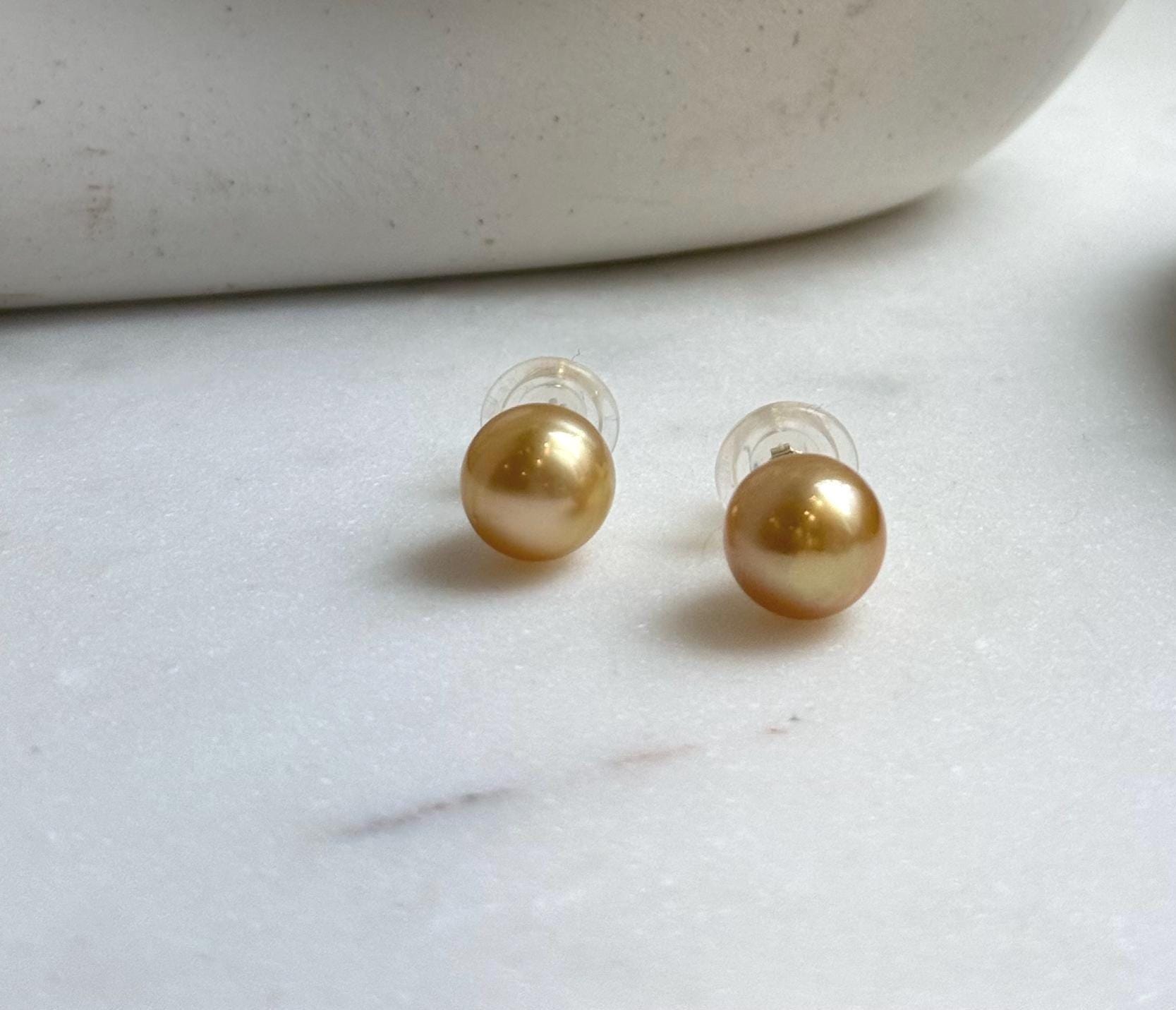 Elly’s 10.4mm Genius natural South sea deep golden ocean Pearls Earrings studs: Extreme luster, S925 silver minimalist earrings studs. high quality golden ocean pearls earrings studs for her