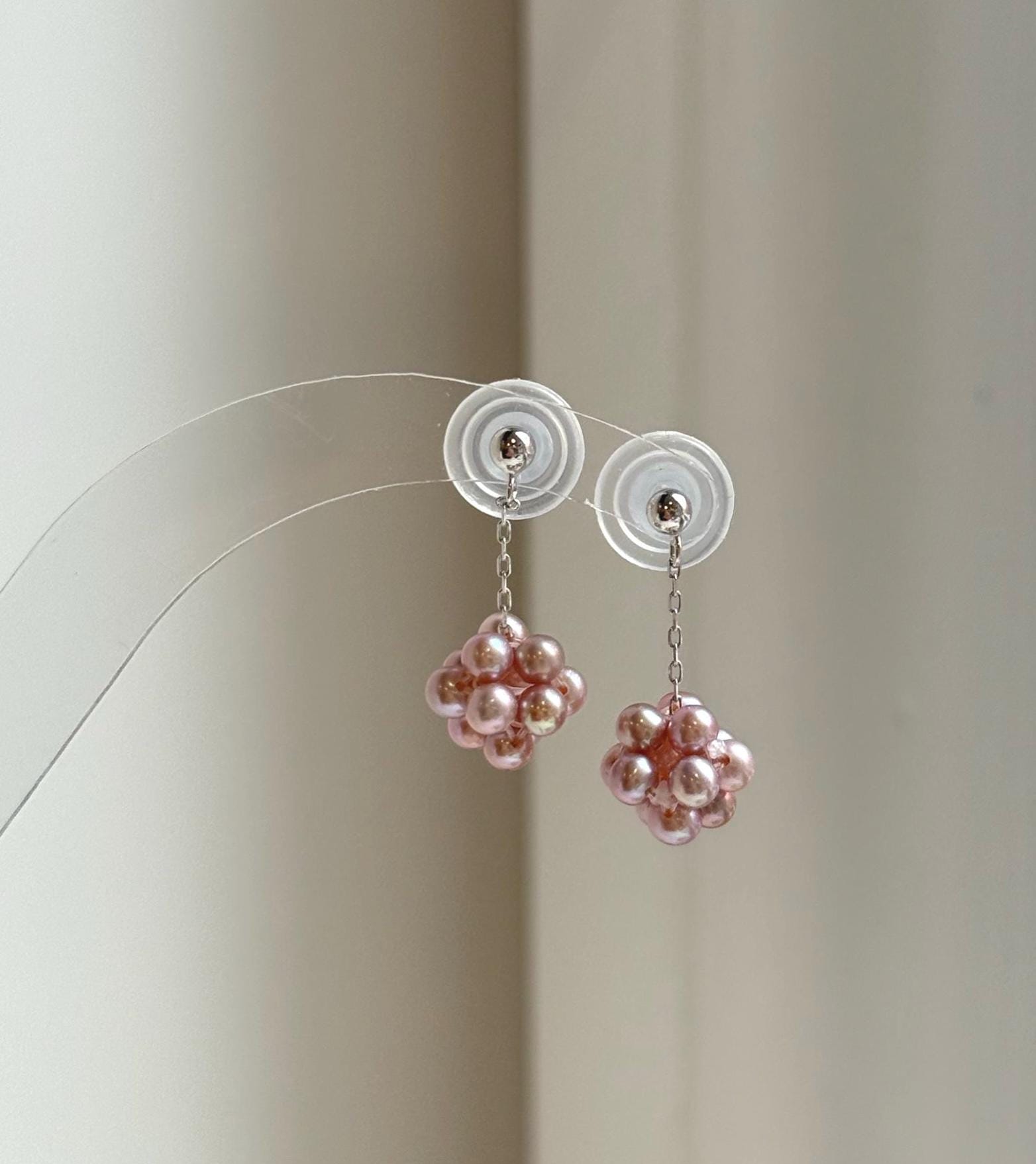 Elly’s Rose Mauve Pearls Earrings Chandeliers: Extreme luster Mirrored, 2.3cm high, S925 silver cool Hydrangea earrings. gift for her