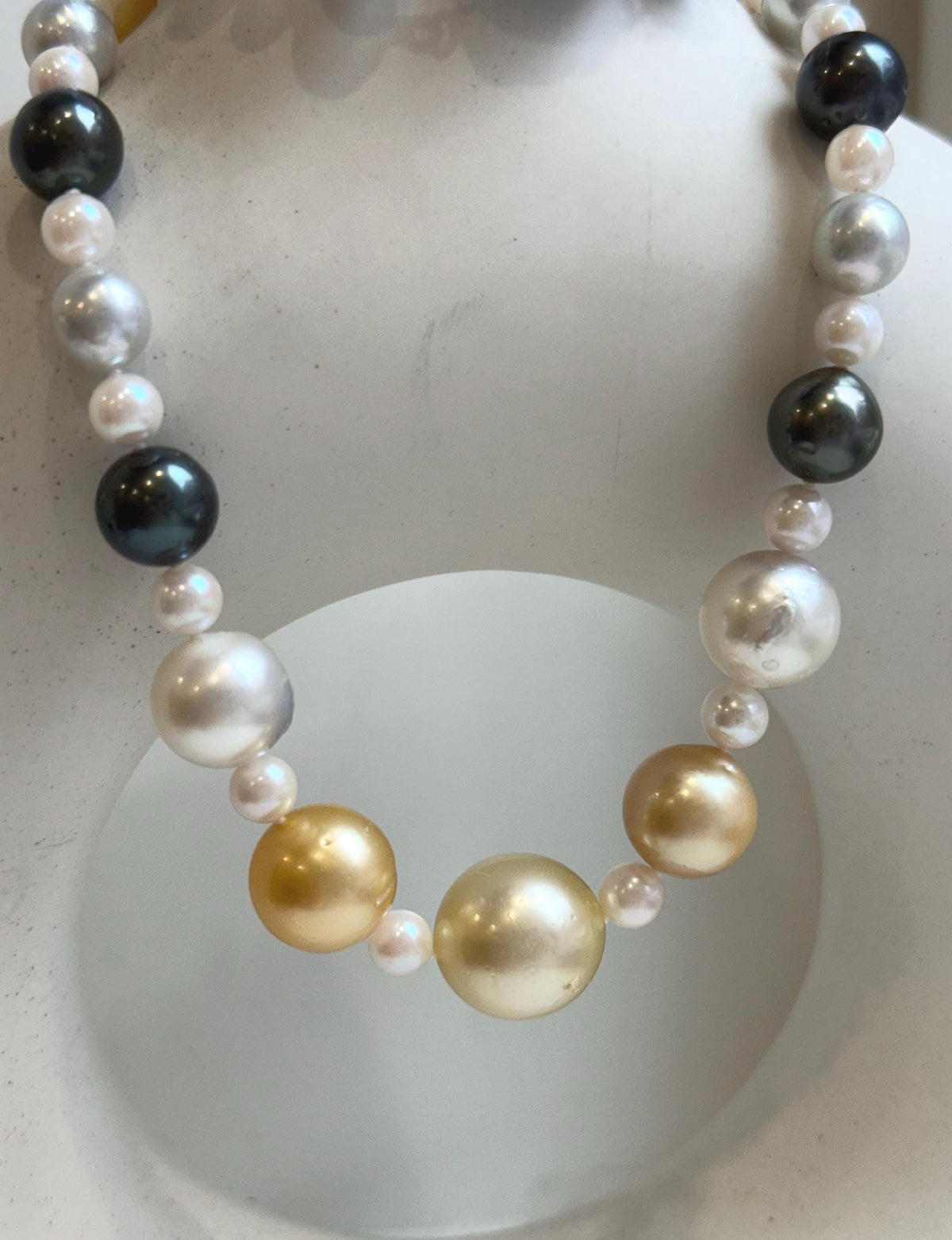 Elly’s 55pcs Multicolor ocean pearls necklace:Extreme luster mirrored, knotted, 18.7”, S925 silver necklace strand. high quality multicolor ocean pearls necklace strand